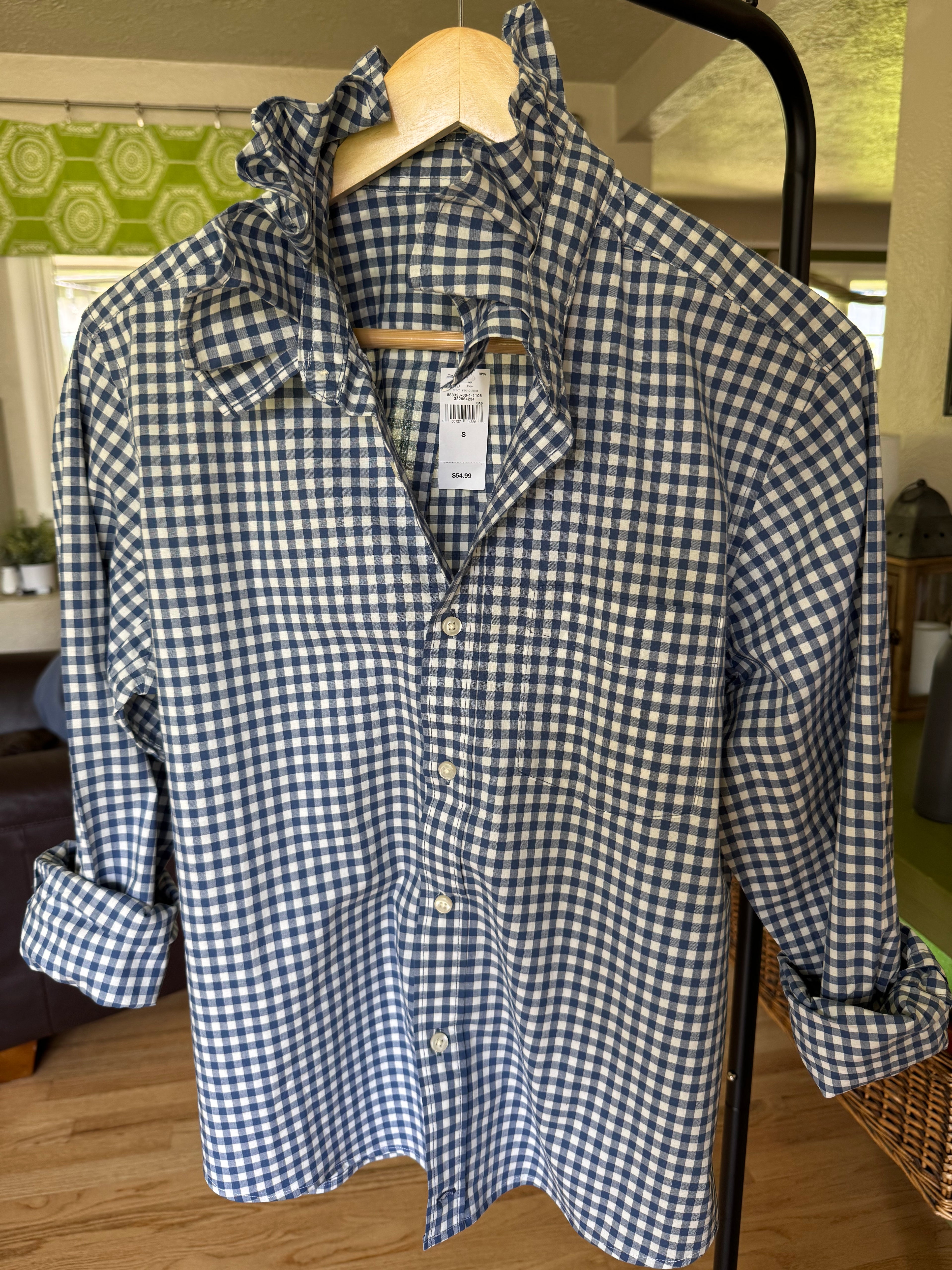 Blane - Brand New Gap Mens Upcycled Shirt with Ruffle Collar - Blue gingham - Size Women's Small