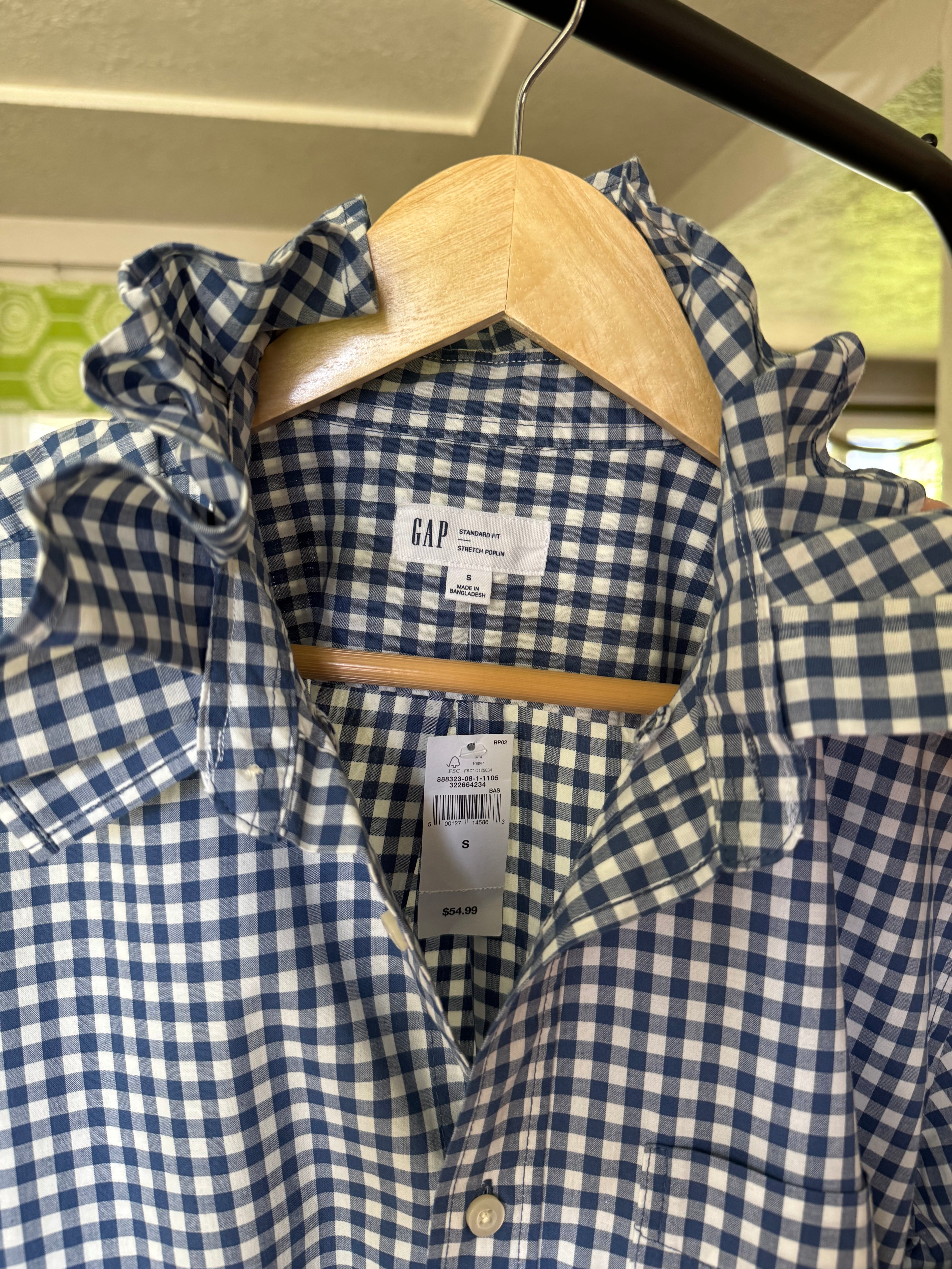 Blane - Brand New Gap Mens Upcycled Shirt with Ruffle Collar - Blue gingham - Size Women's XL