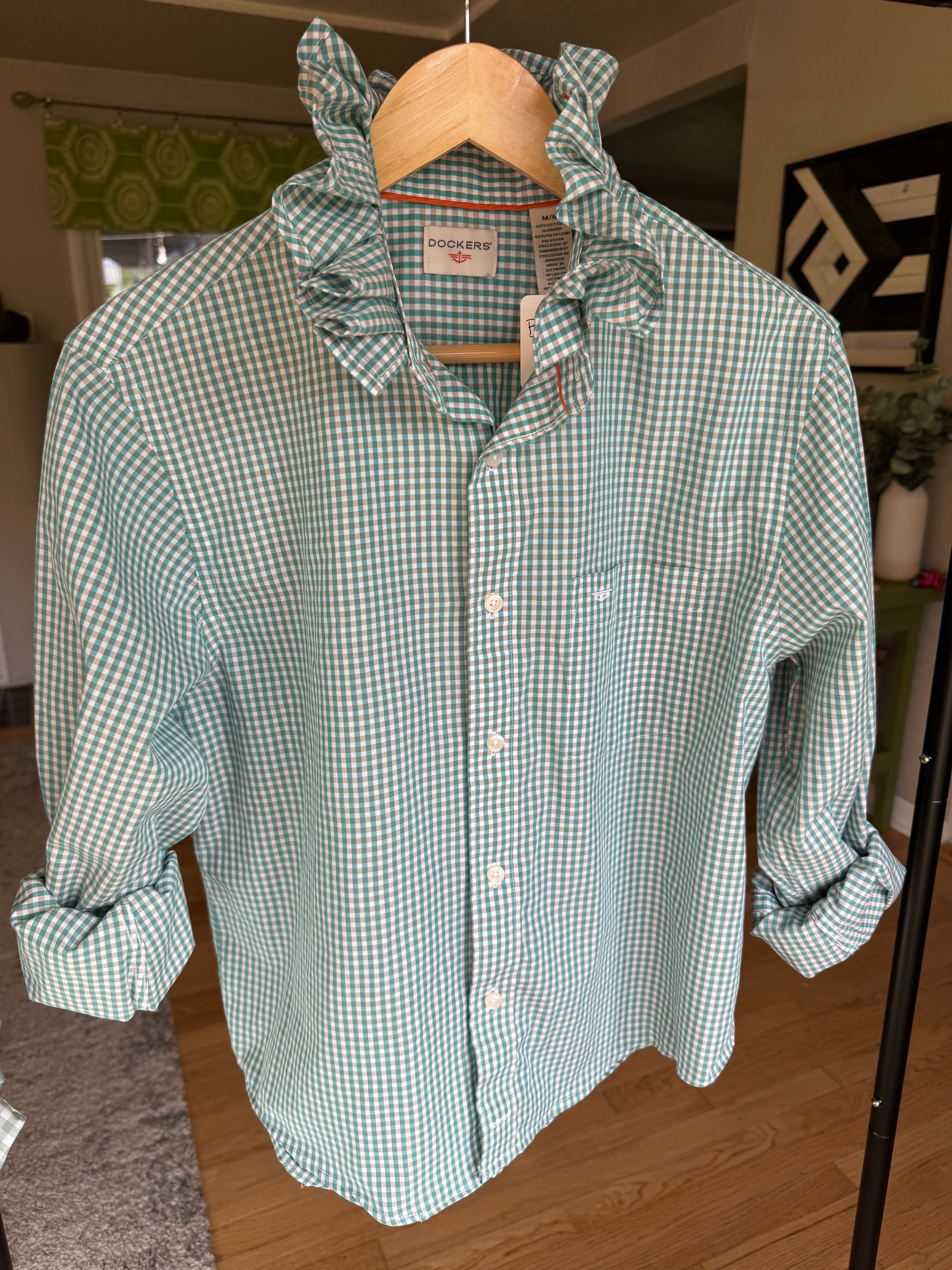 SOLD Gia - Dockers Upcycled Mens Ruffle Collar Shirt - Turquoise Gingham - Womens Size Medium