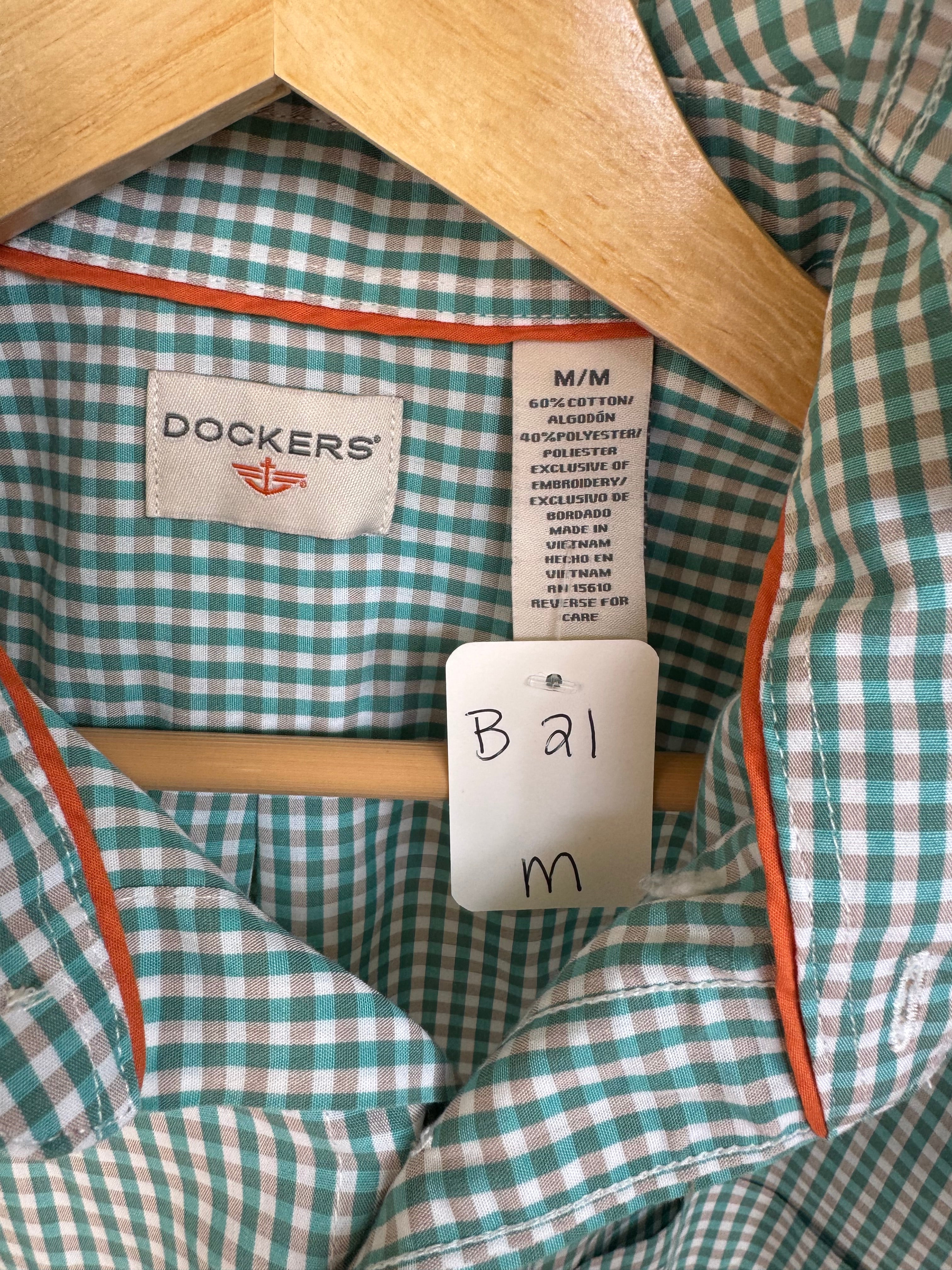 SOLD Gia - Dockers Upcycled Mens Ruffle Collar Shirt - Turquoise Gingham - Womens Size Medium