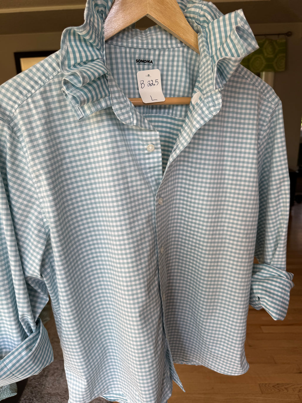 SOLD GIgi - Sonoma Upcycled Mens Ruffle Collar Shirt - Turquoise Gingham - Size Large