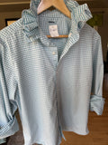 SOLD GIgi - Sonoma Upcycled Mens Ruffle Collar Shirt - Turquoise Gingham - Size Large