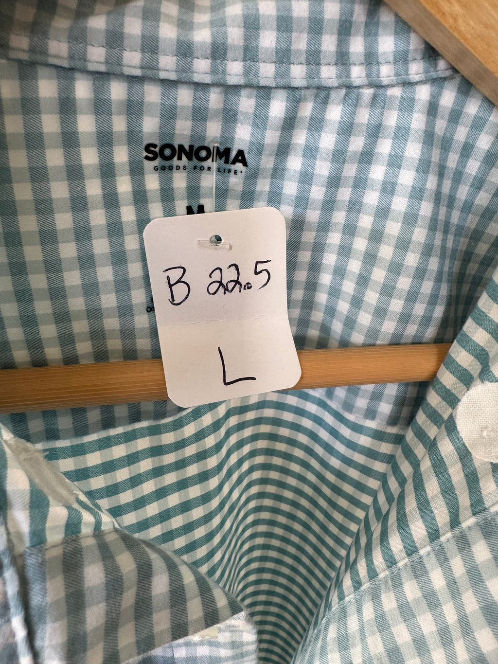 SOLD GIgi - Sonoma Upcycled Mens Ruffle Collar Shirt - Turquoise Gingham - Size Large