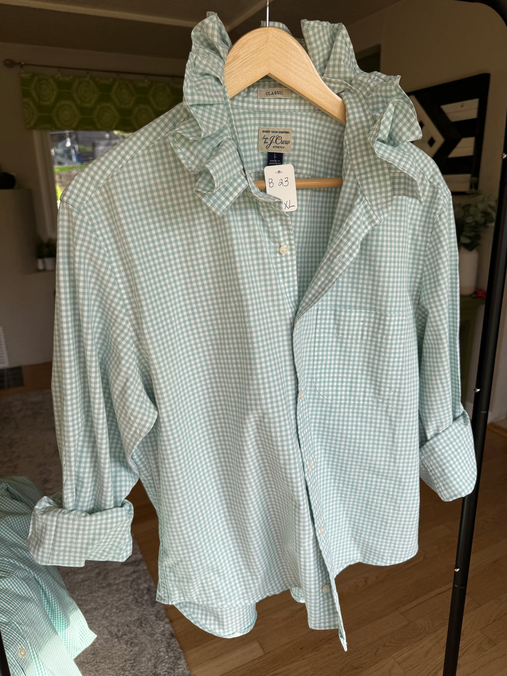 Gabby - JCrew Upcycled Mens Ruffle Collar Shirt - Turquoise Gingham - Size Large/XL