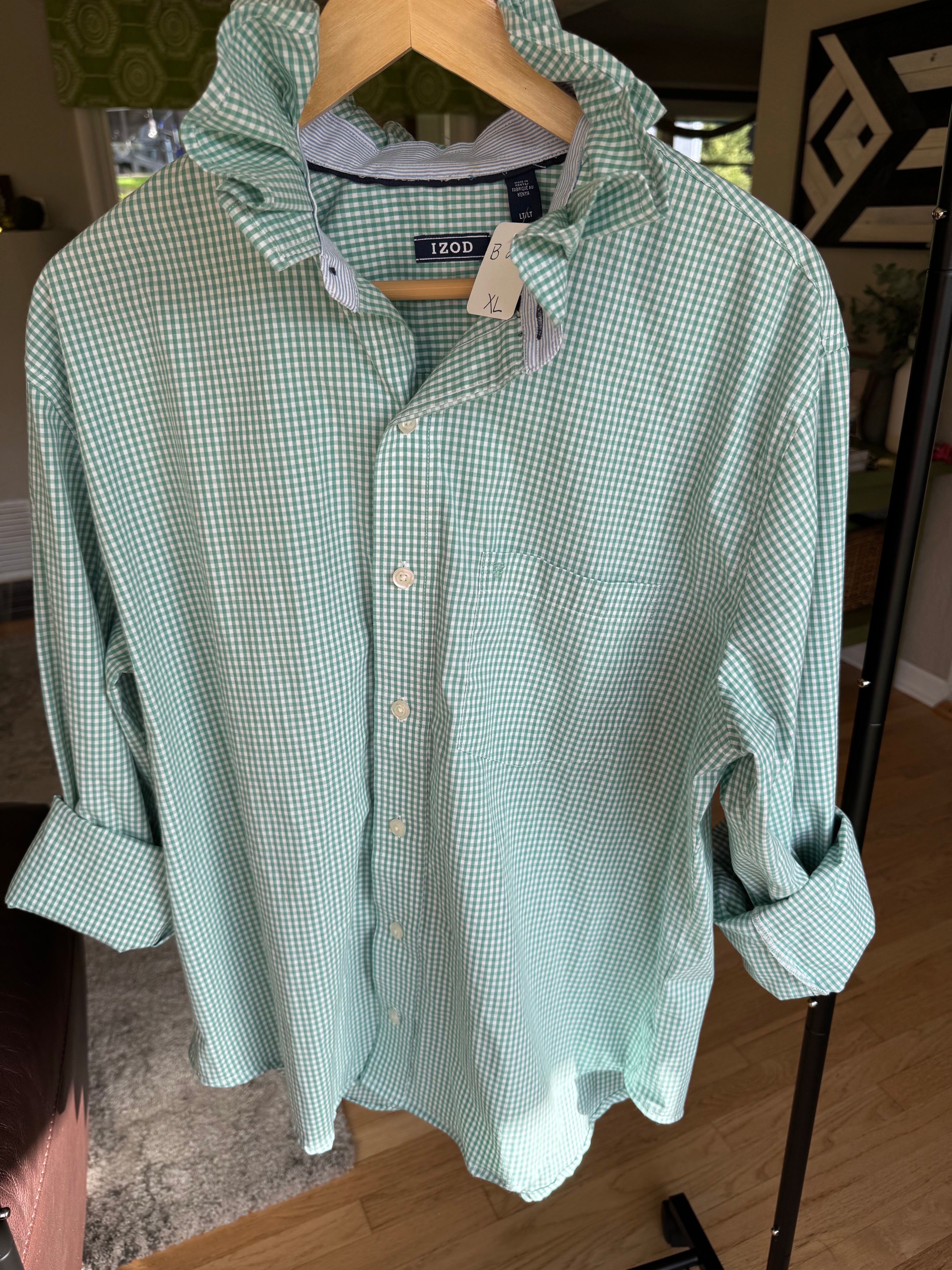 Goldie - Izod Upcycled Mens Ruffle Collar Shirt - Turquoise Gingham - Size XL