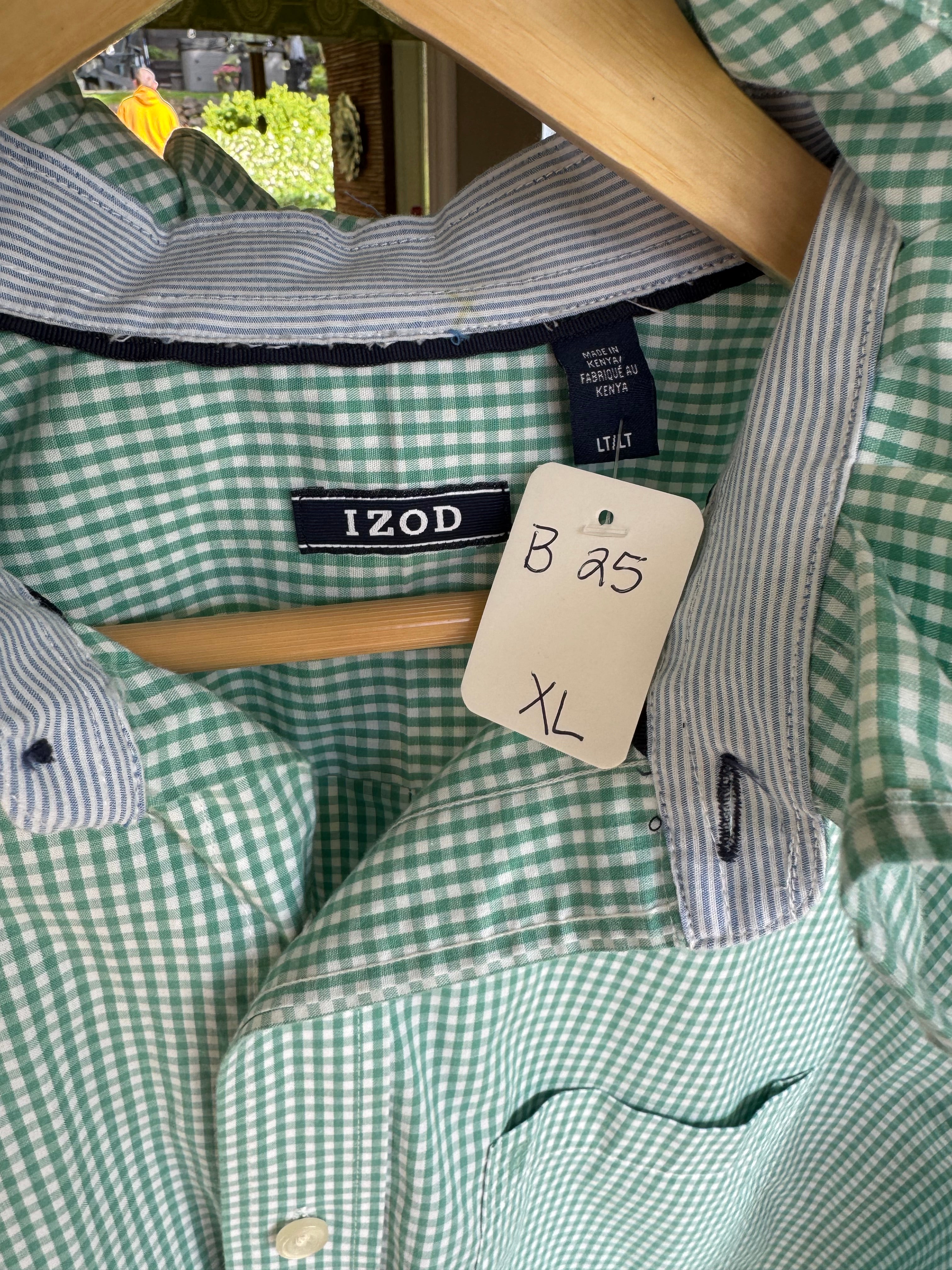 Goldie - Izod Upcycled Mens Ruffle Collar Shirt - Turquoise Gingham - Size XL