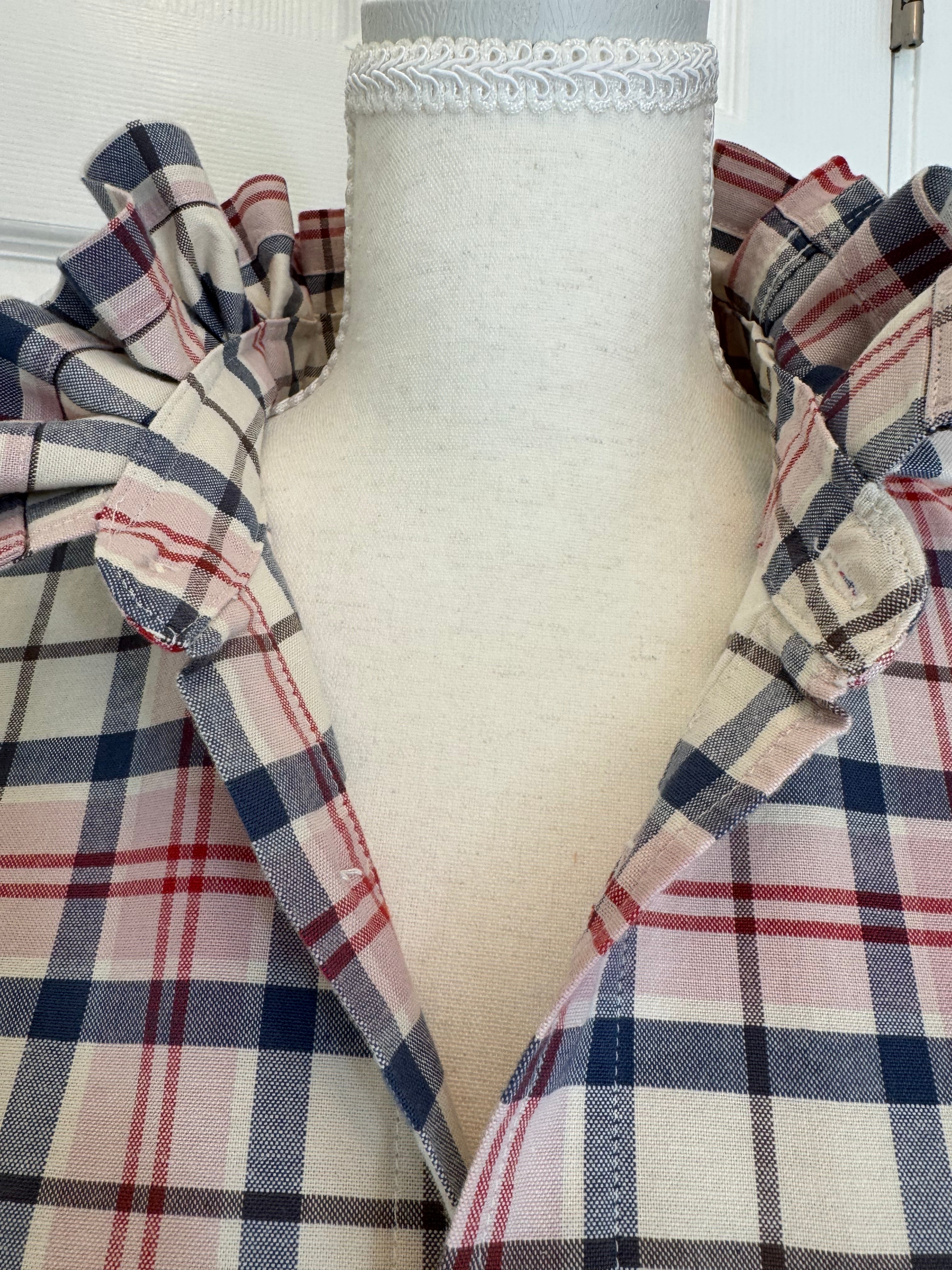 Mariette - Gap Brand New Mens Ruffle Collar Shirt - Short Sleeve - Pink and Blue Plaid Cotton/Linen Blend - Medium