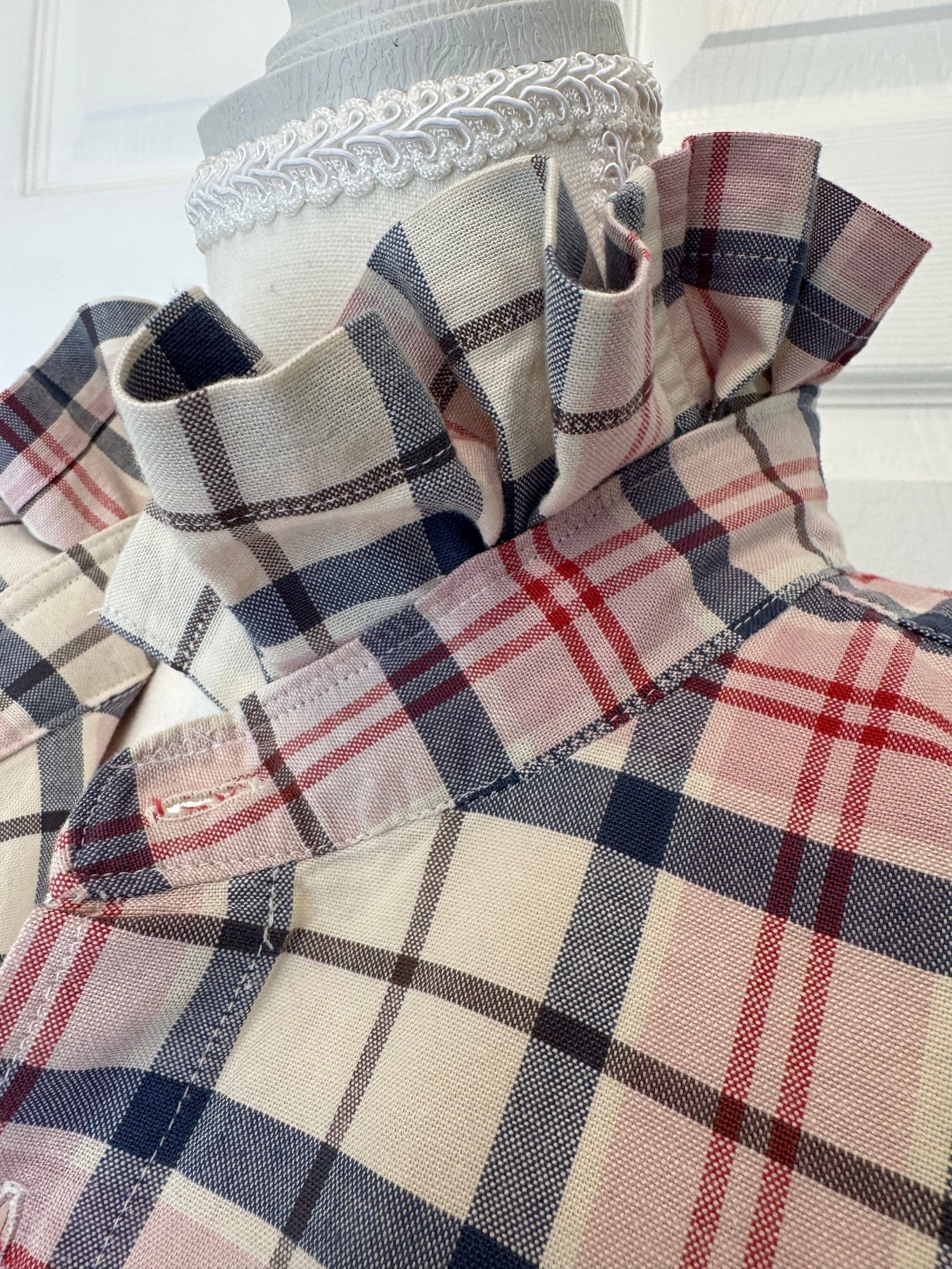 Mariette - Gap Brand New Mens Ruffle Collar Shirt - Short Sleeve - Pink and Blue Plaid Cotton/Linen Blend - Large