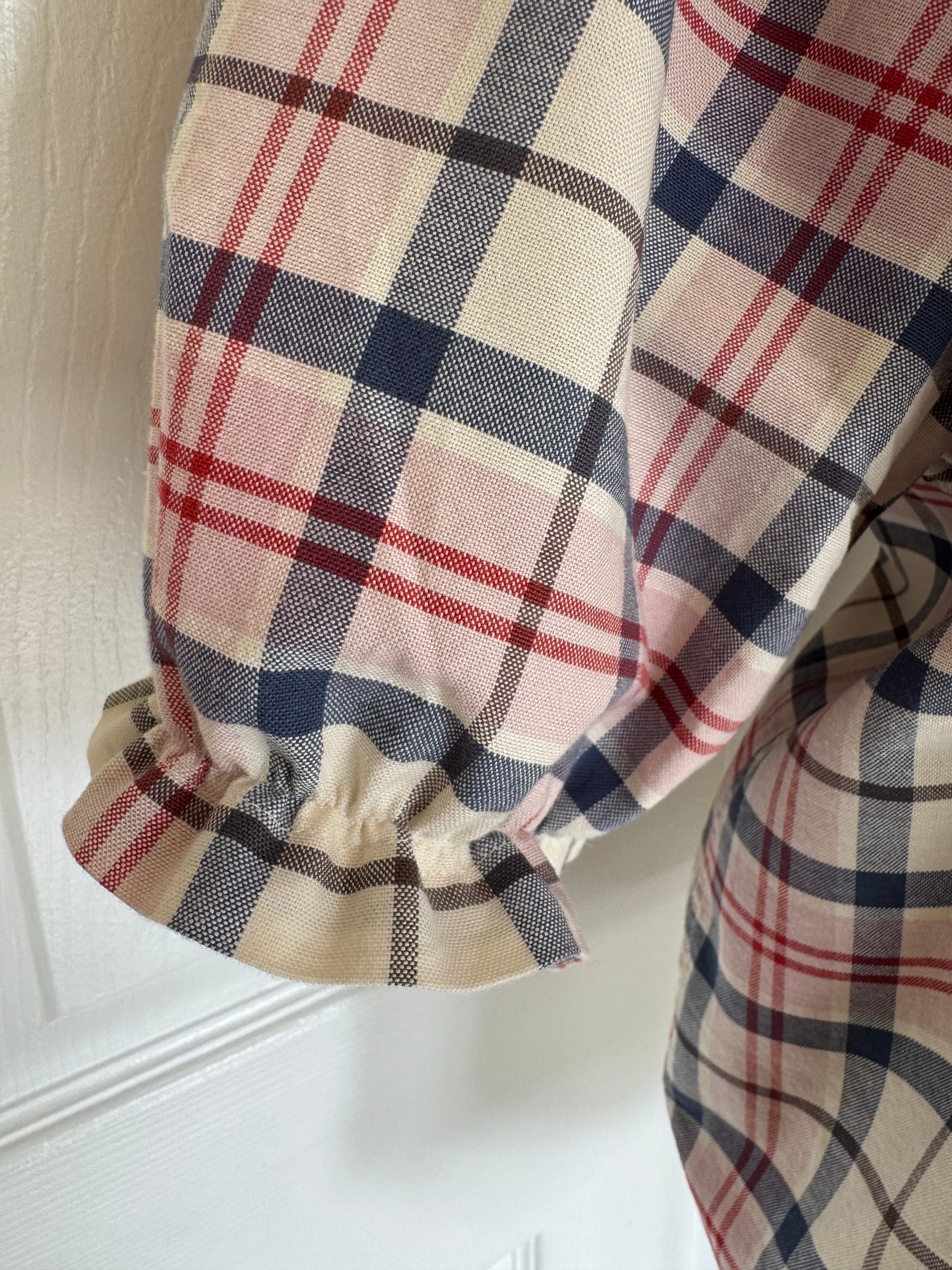 Mariette - Gap Brand New Mens Ruffle Collar Shirt - Short Sleeve - Pink and Blue Plaid Cotton/Linen Blend - Medium