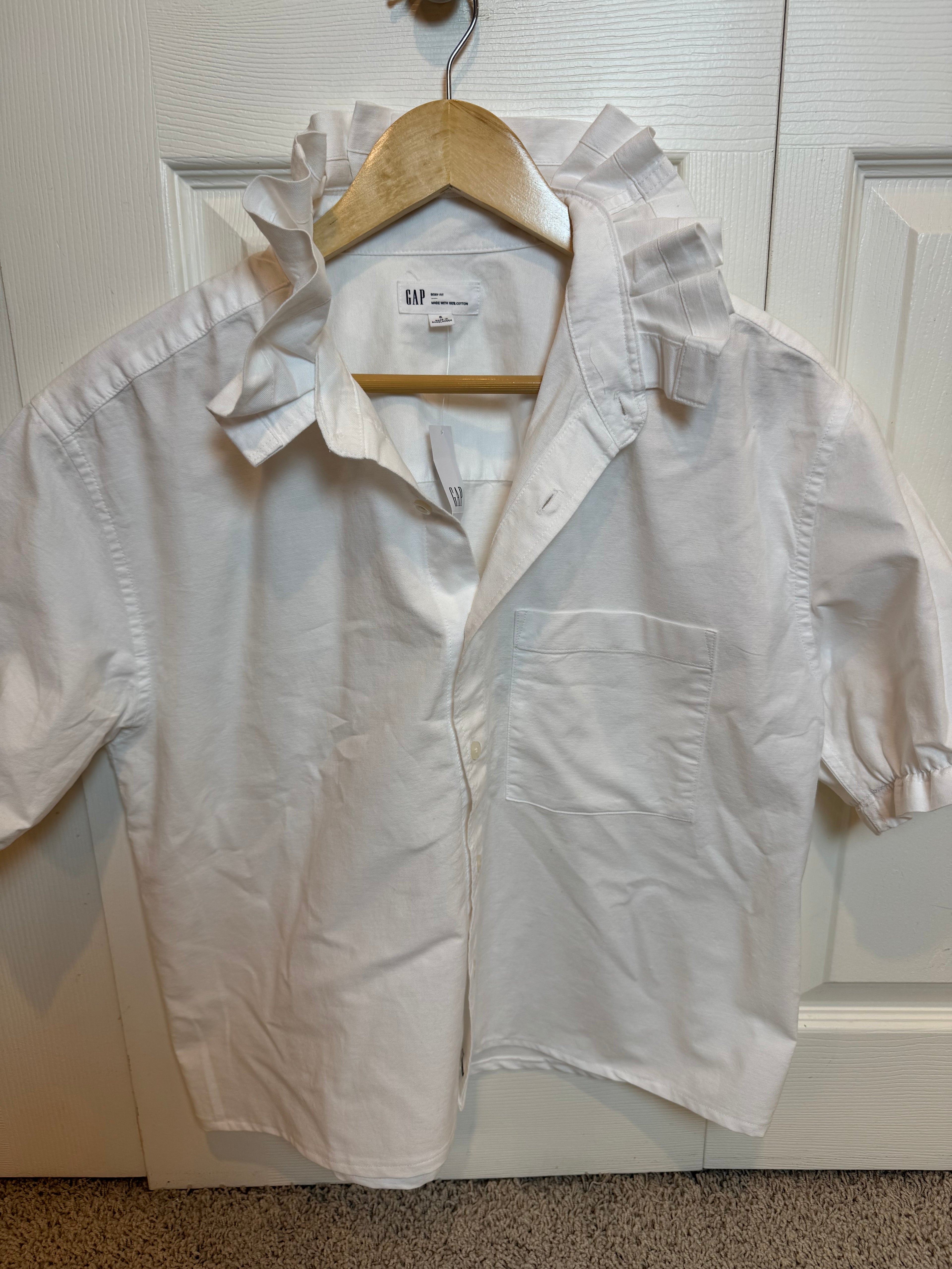 Marcela - Gap Brand New Mens Ruffle Collar Shirt - Short Sleeve - White Cotton/Linen Blend - XL