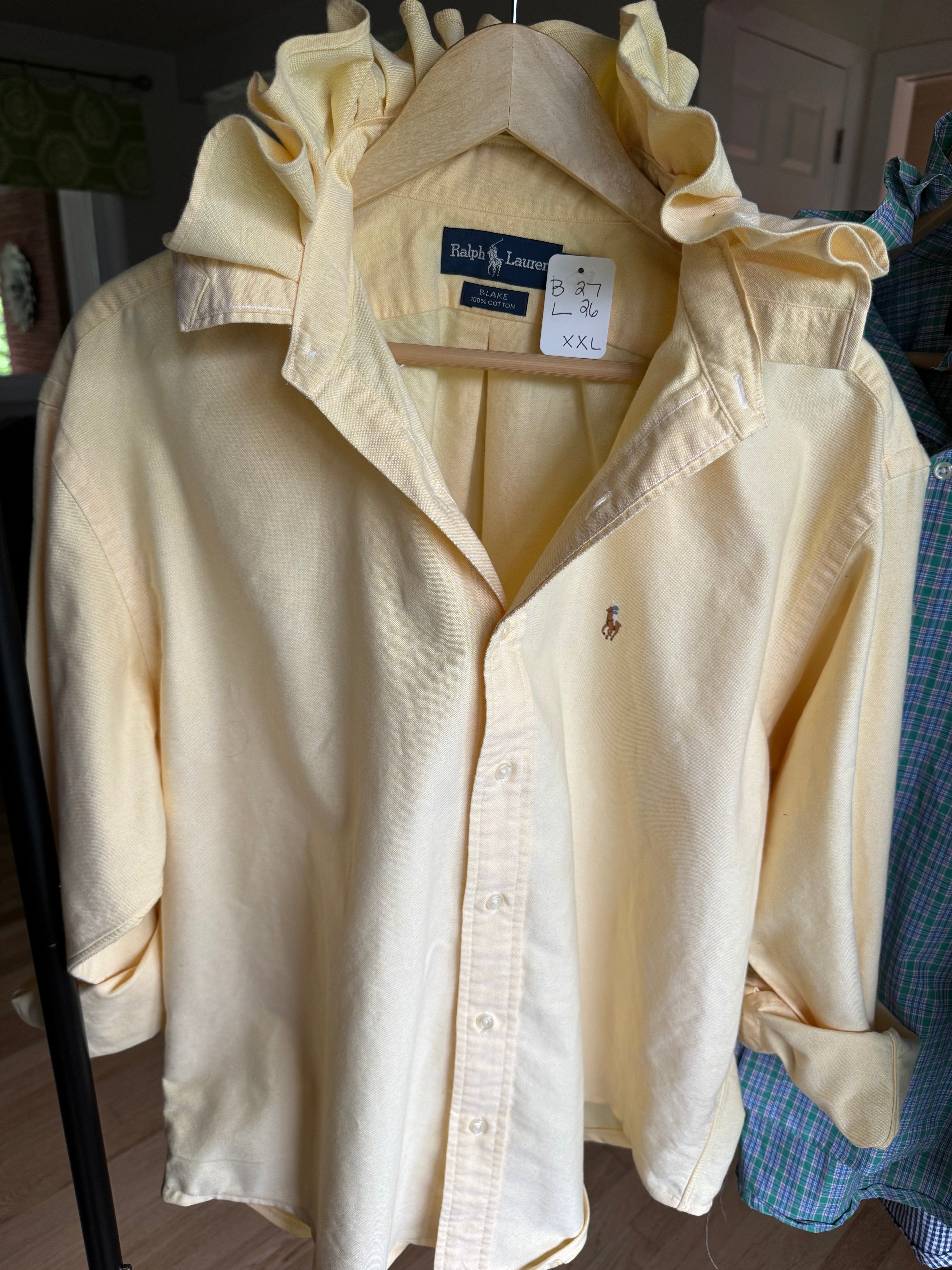 Heidi - Ralph Lauren Polo  Upcycled Mens Ruffle Collar Shirt - Yellow - Size XXL