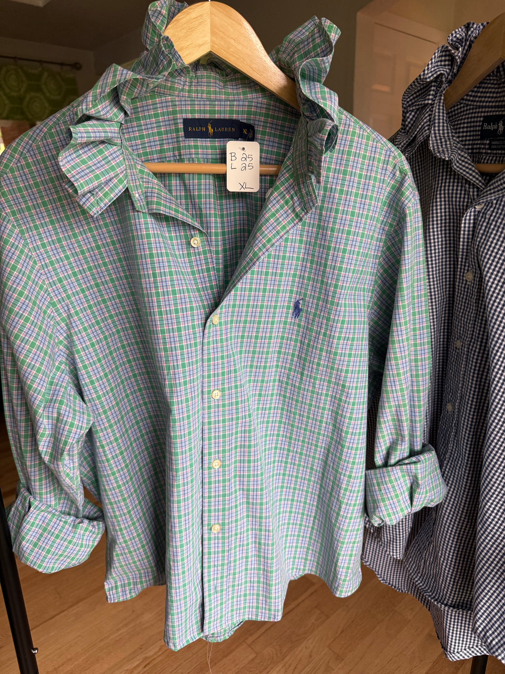 Harlow - Ralph Lauren Polo Upcycled Mens Ruffle Collar Shirt - blue plaid - Size XL