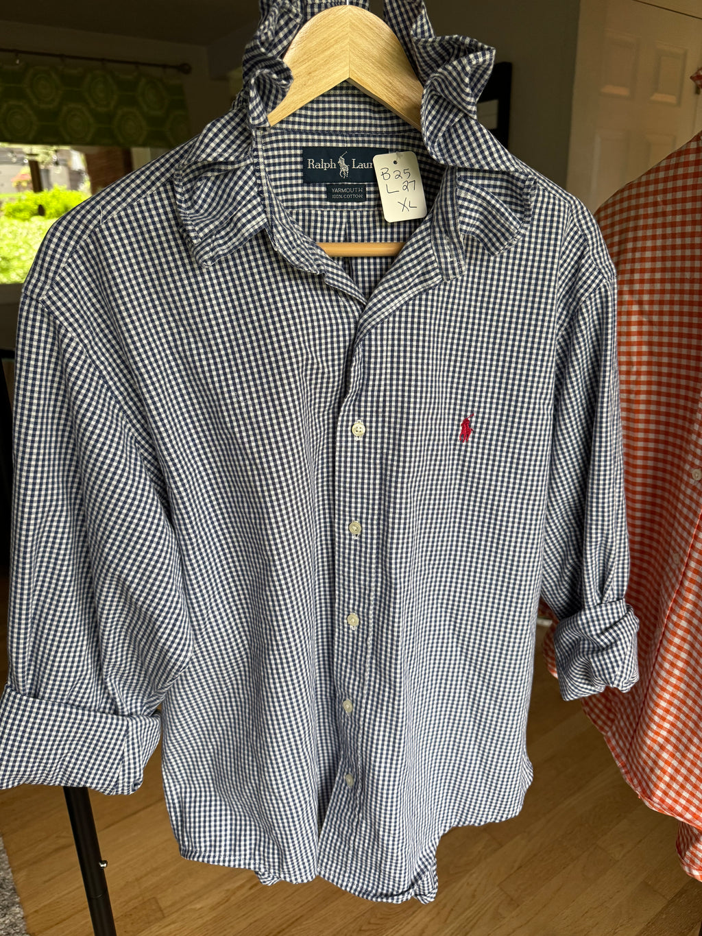 Hailey - Ralph Lauren Polo Upcycled Mens Ruffle Collar Shirt - navy gingham - Size XL