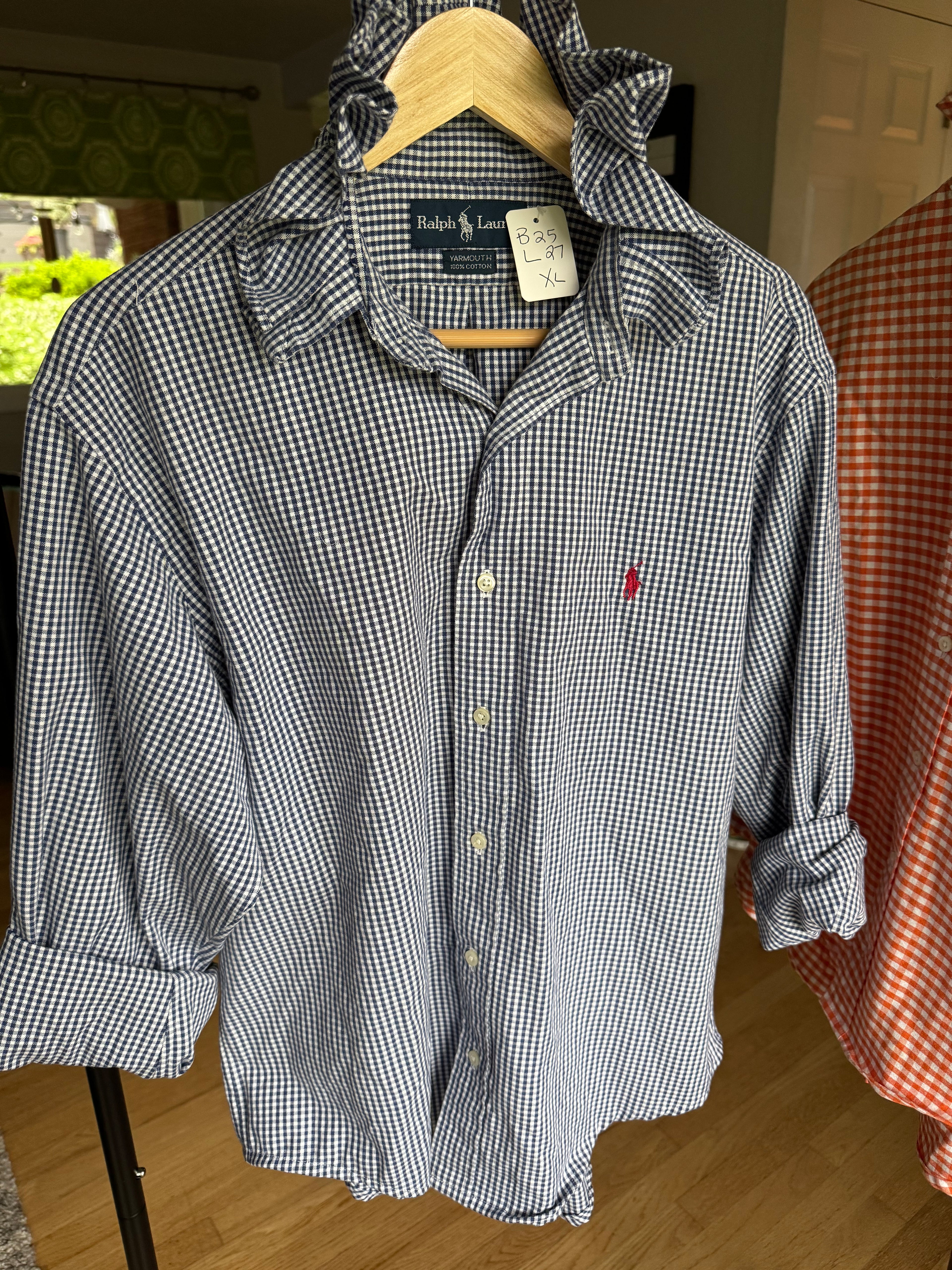 Hailey - Ralph Lauren Polo Upcycled Mens Ruffle Collar Shirt - navy gingham - Size XL