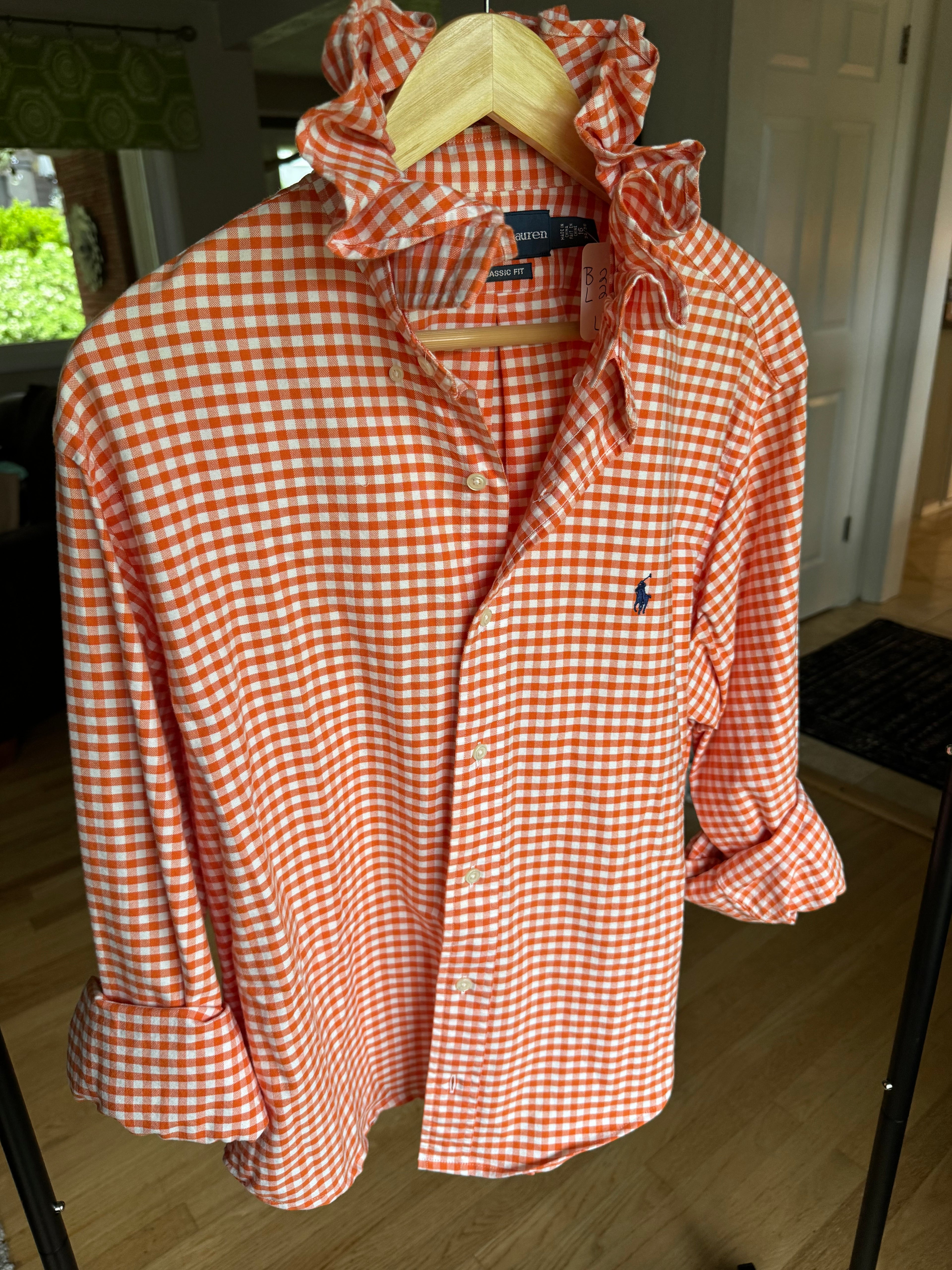 Holly - Ralph Lauren Polo  Upcycled Mens Ruffle Collar Shirt - orange gingham - Size XL