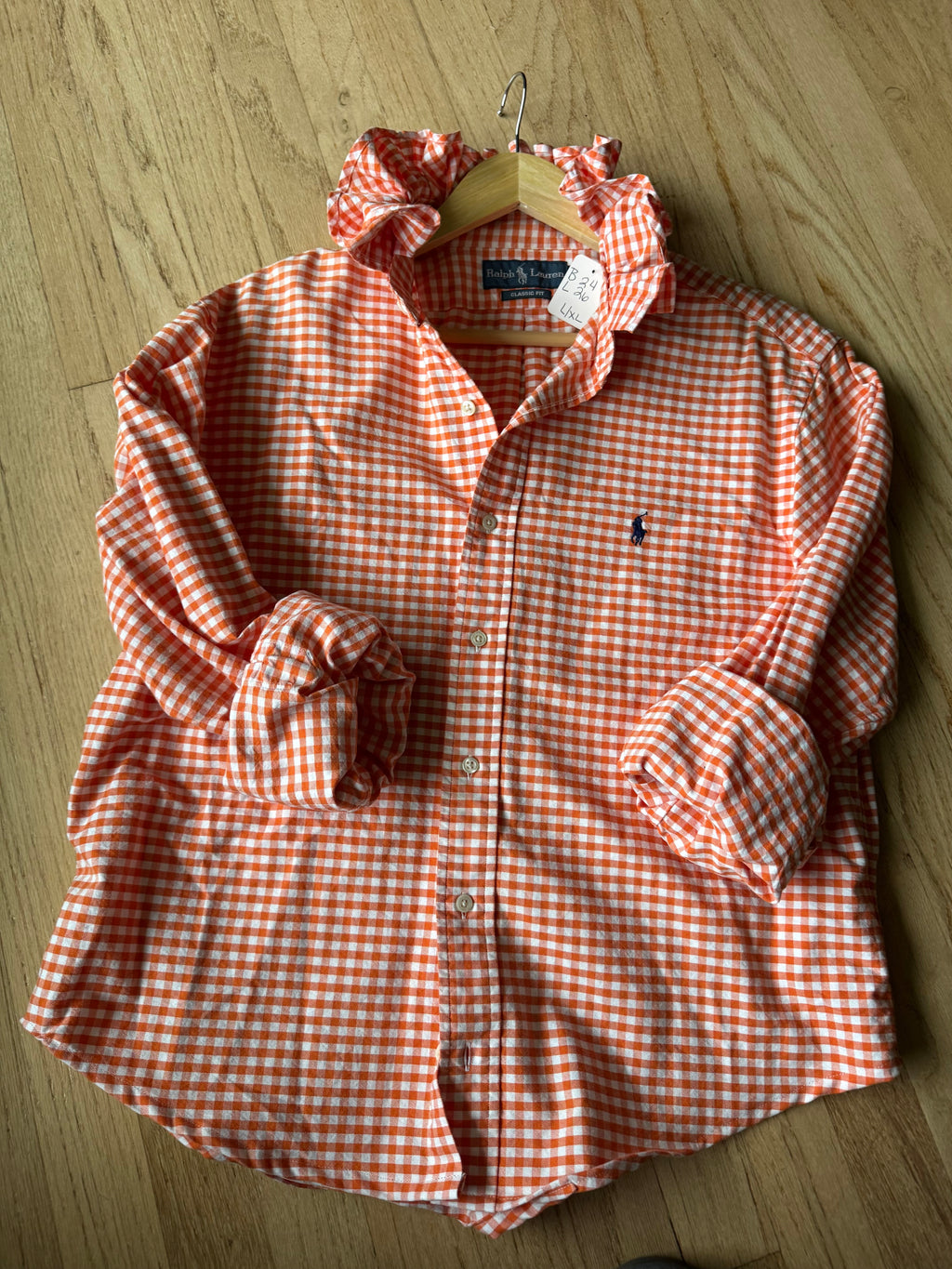 Holly - Ralph Lauren Polo  Upcycled Mens Ruffle Collar Shirt - orange gingham - Size XL