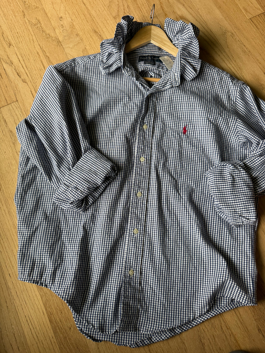 Hailey - Ralph Lauren Polo Upcycled Mens Ruffle Collar Shirt - navy gingham - Size XL