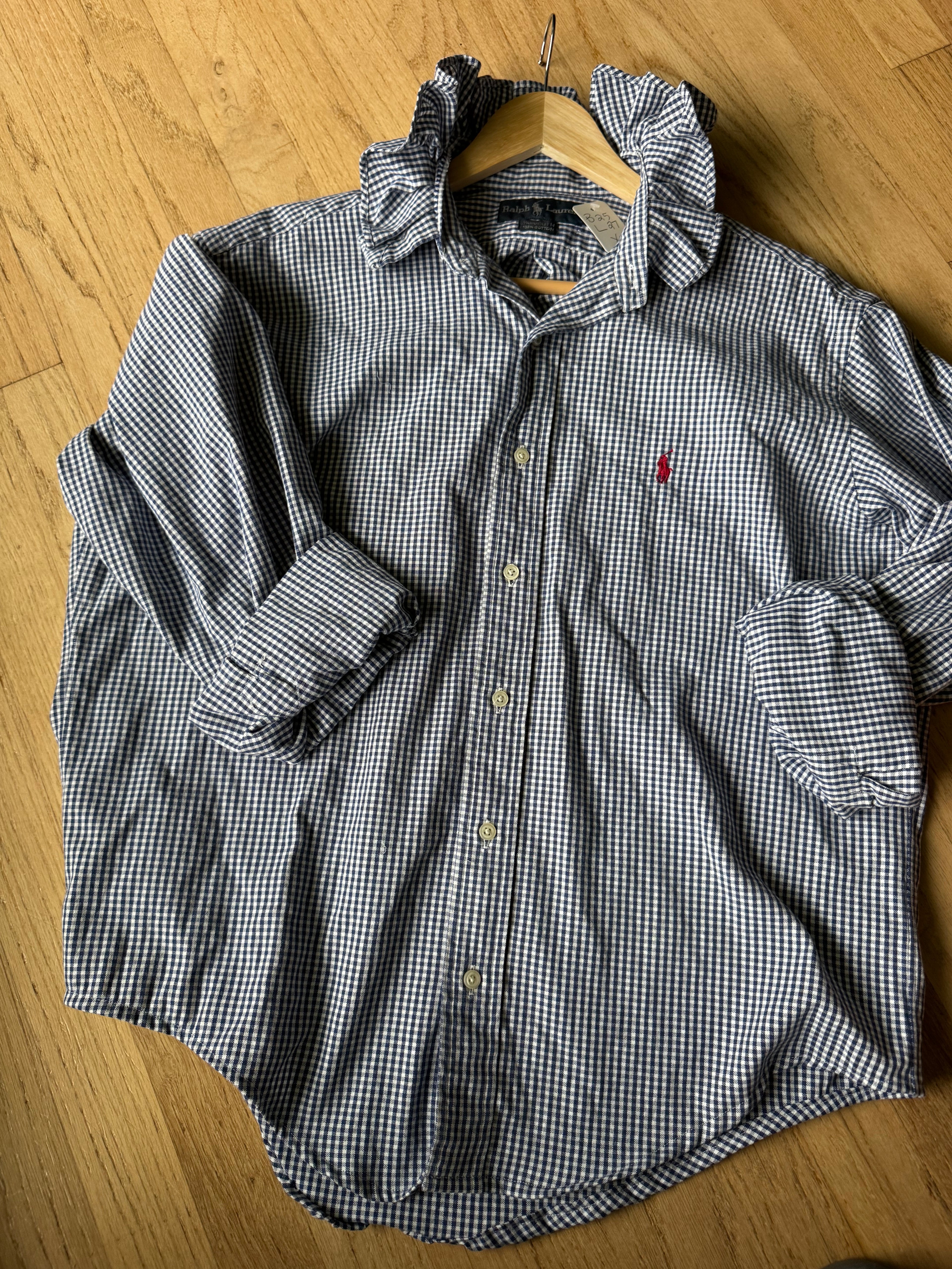 Hailey - Ralph Lauren Polo Upcycled Mens Ruffle Collar Shirt - navy gingham - Size XL