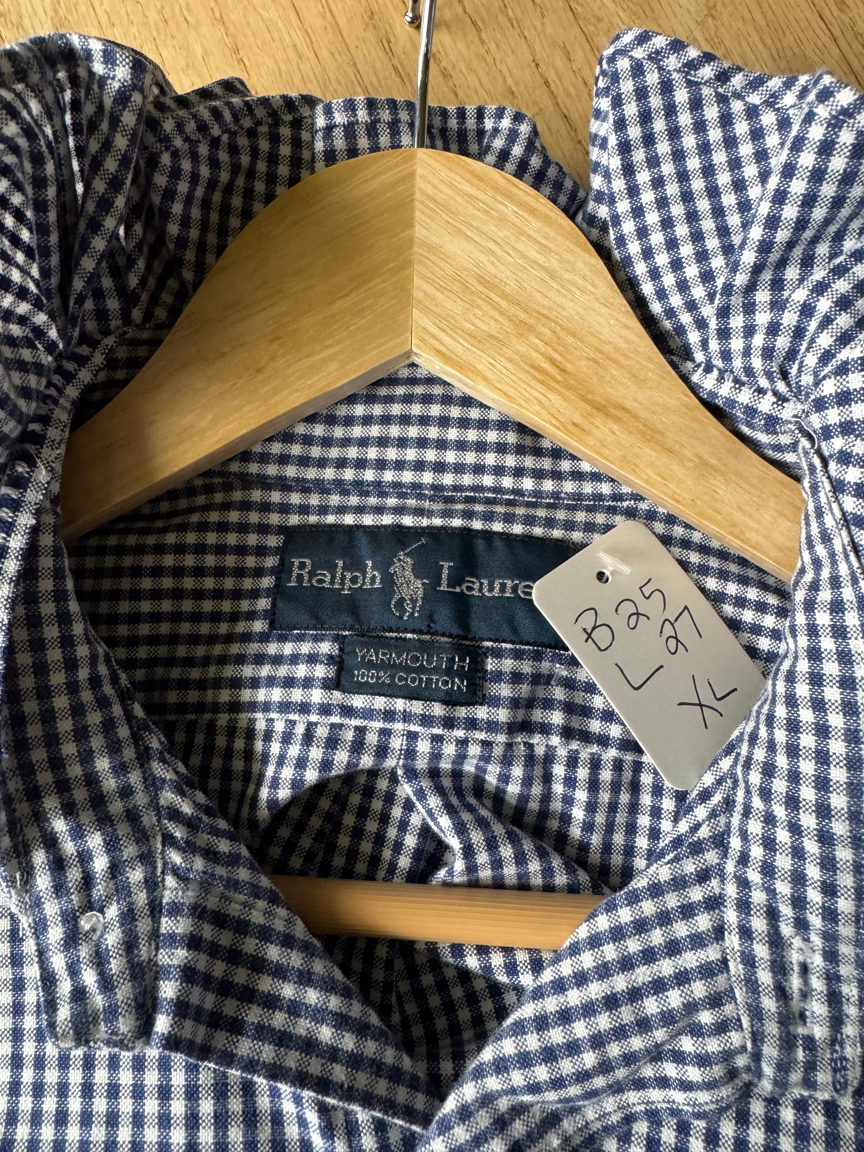 Hailey - Ralph Lauren Polo Upcycled Mens Ruffle Collar Shirt - navy gingham - Size XL