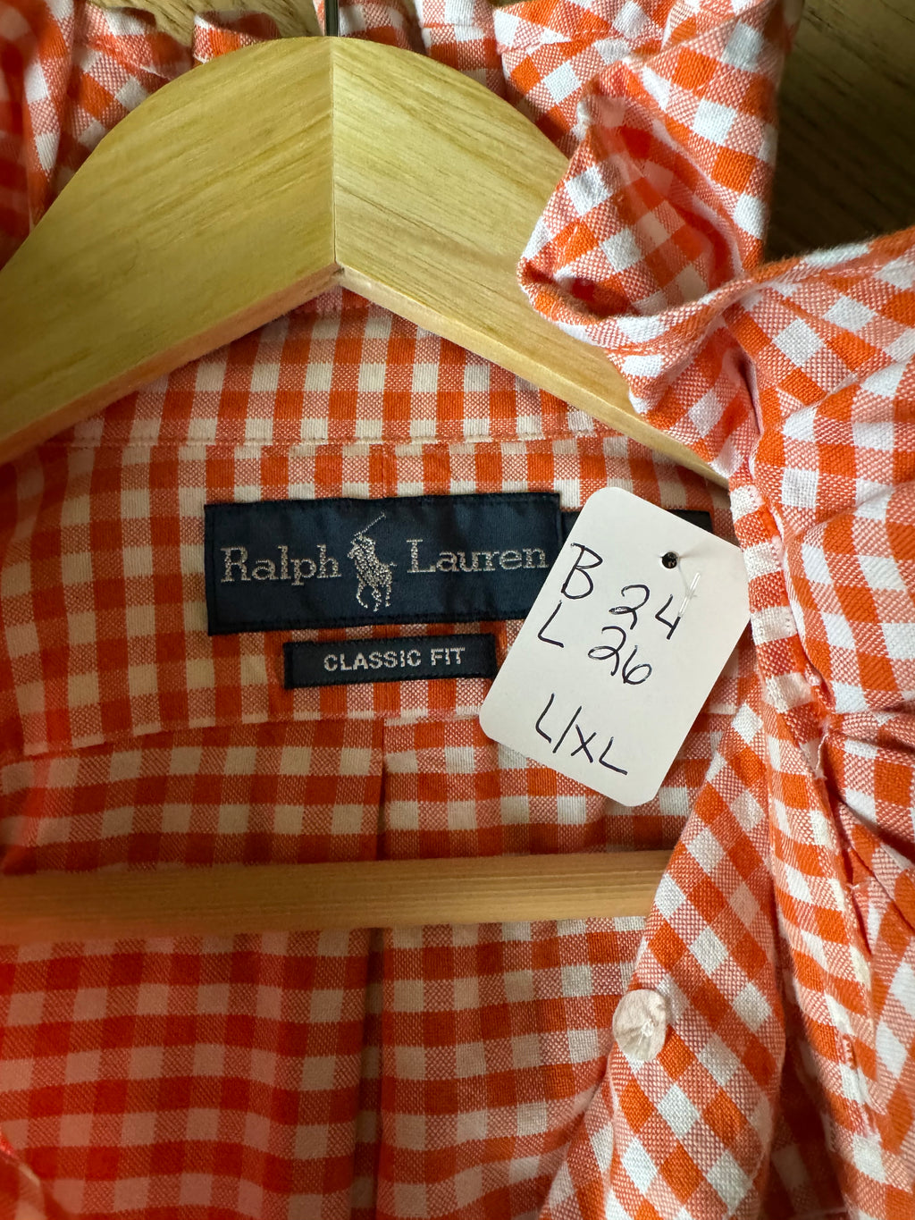 Holly - Ralph Lauren Polo  Upcycled Mens Ruffle Collar Shirt - orange gingham - Size XL