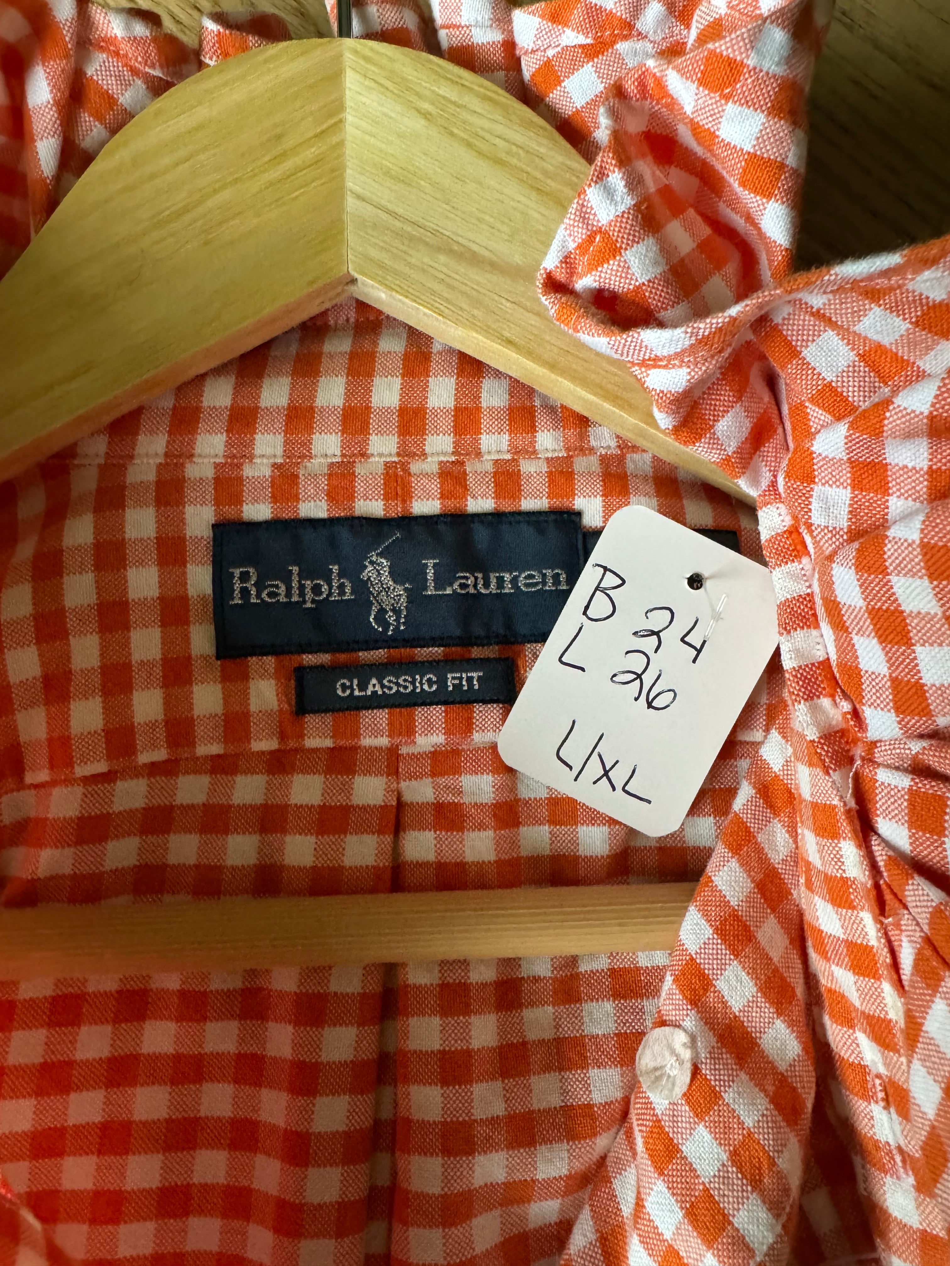 Holly - Ralph Lauren Polo  Upcycled Mens Ruffle Collar Shirt - orange gingham - Size XL