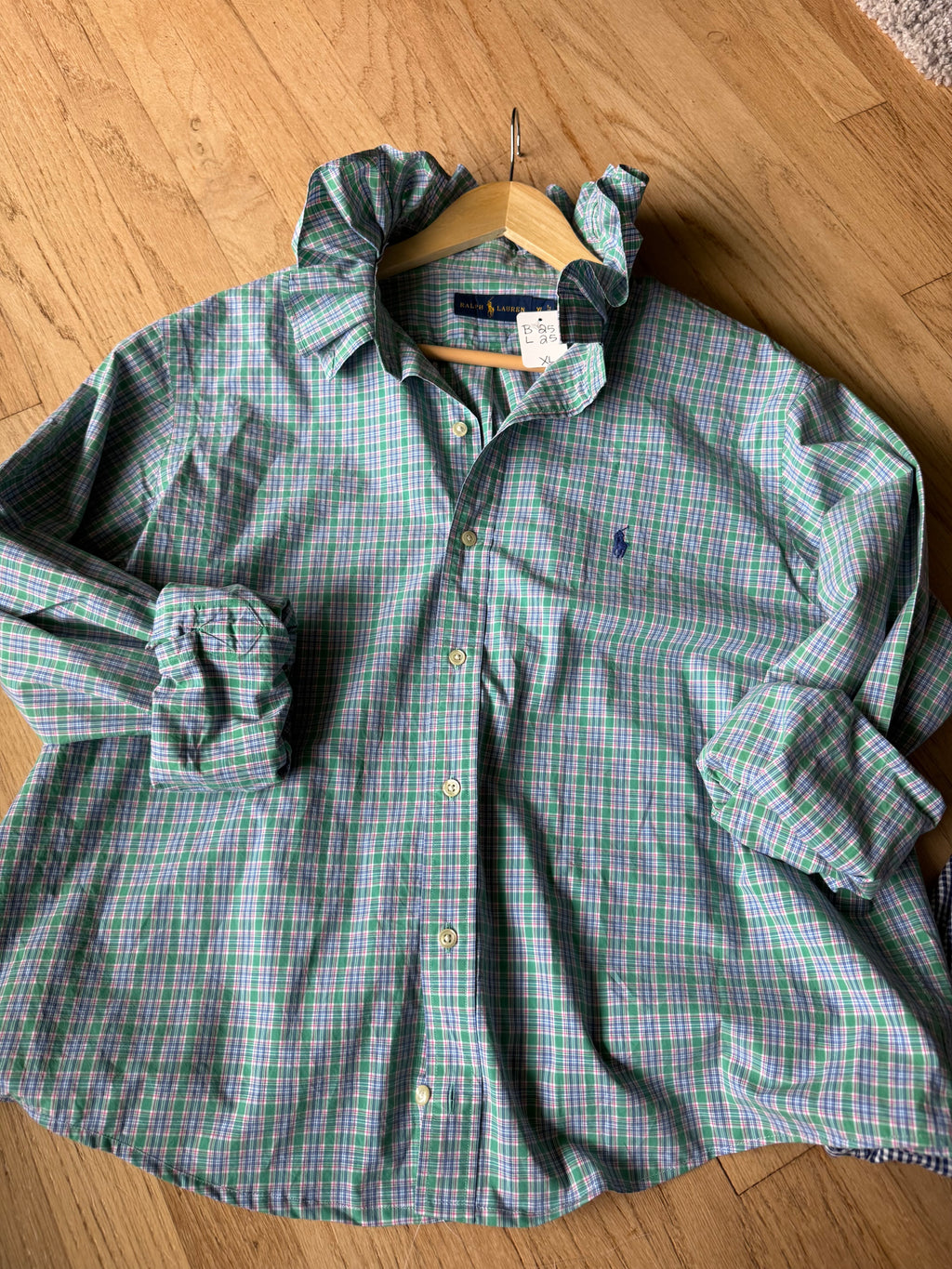 Harlow - Ralph Lauren Polo Upcycled Mens Ruffle Collar Shirt - blue plaid - Size XL