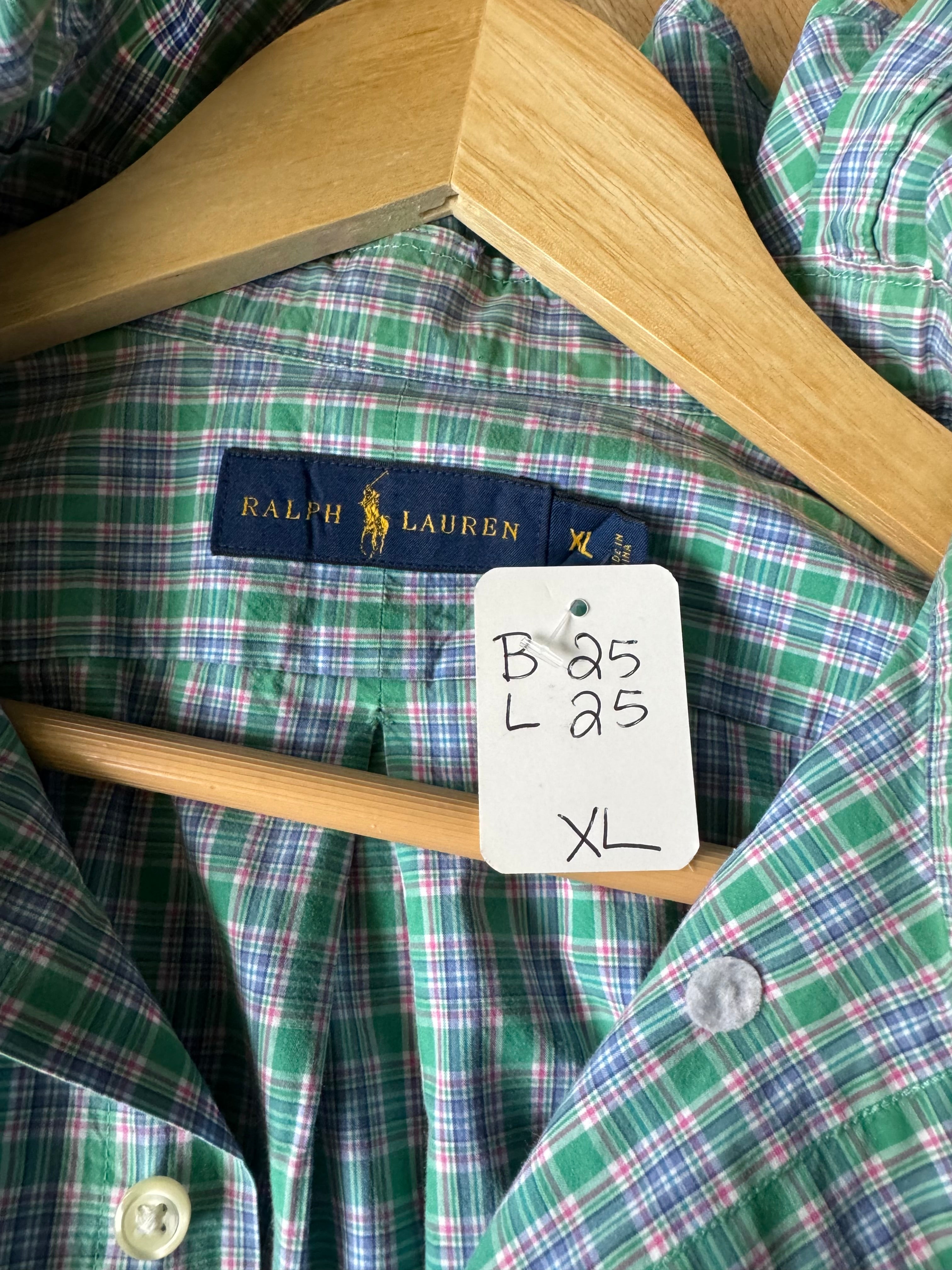 Harlow - Ralph Lauren Polo Upcycled Mens Ruffle Collar Shirt - blue plaid - Size XL