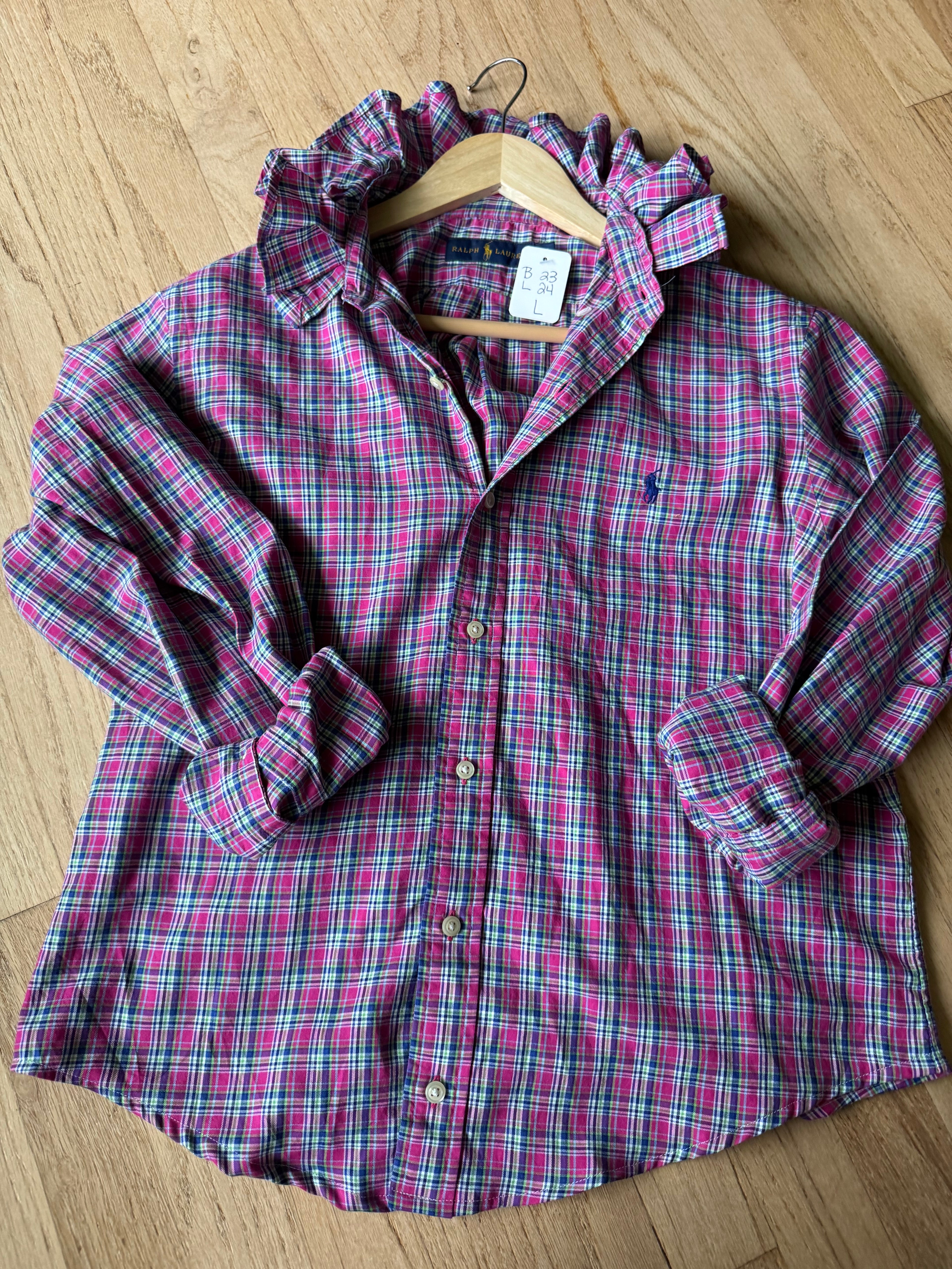 Hannah - Ralph Lauren Polo Upcycled Mens Ruffle Collar Shirt - pink plaid - Size Large