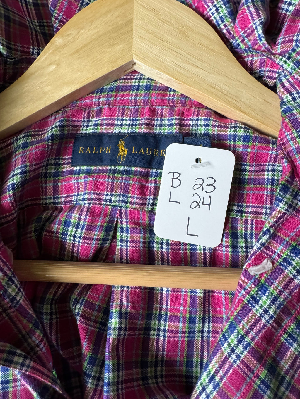 Hannah - Ralph Lauren Polo Upcycled Mens Ruffle Collar Shirt - pink plaid - Size Large