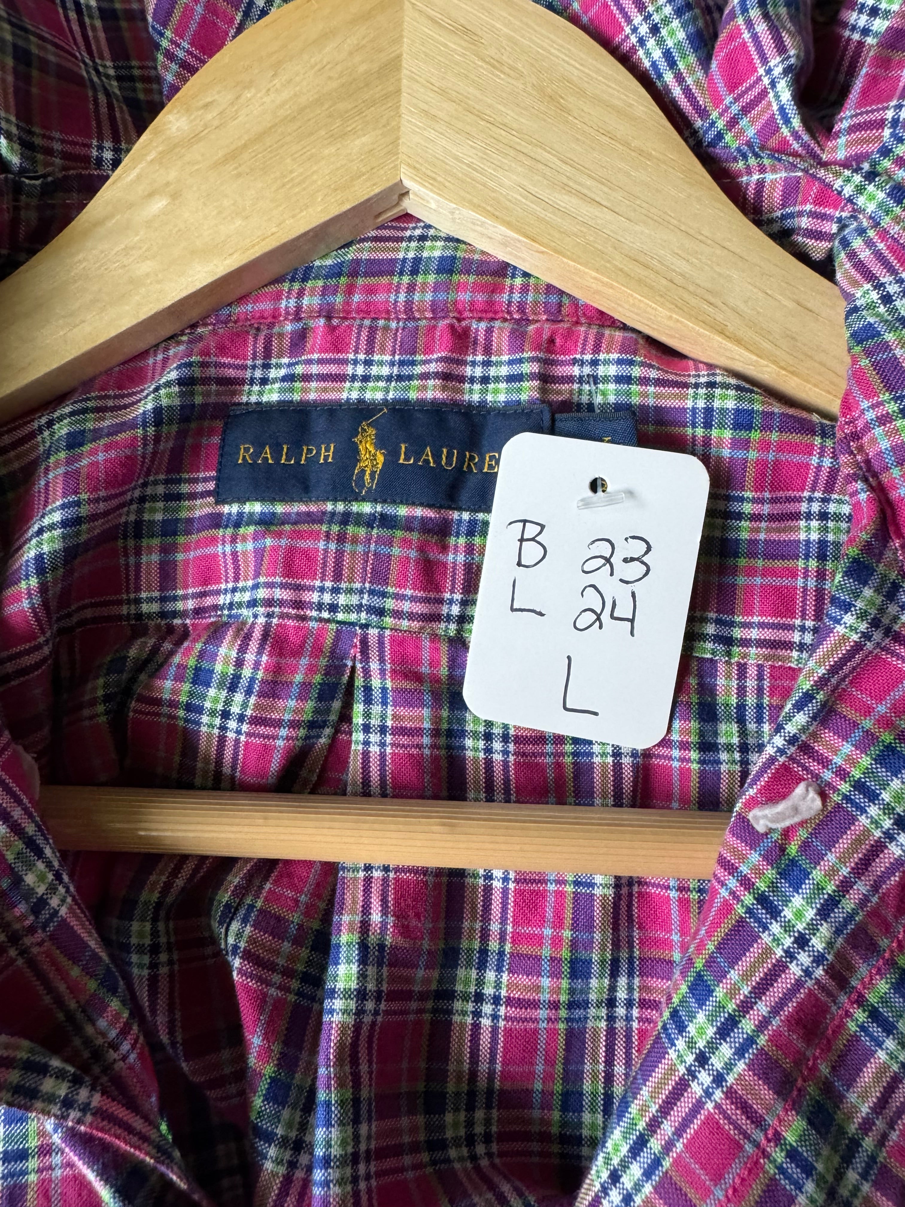 Hannah - Ralph Lauren Polo Upcycled Mens Ruffle Collar Shirt - pink plaid - Size Large