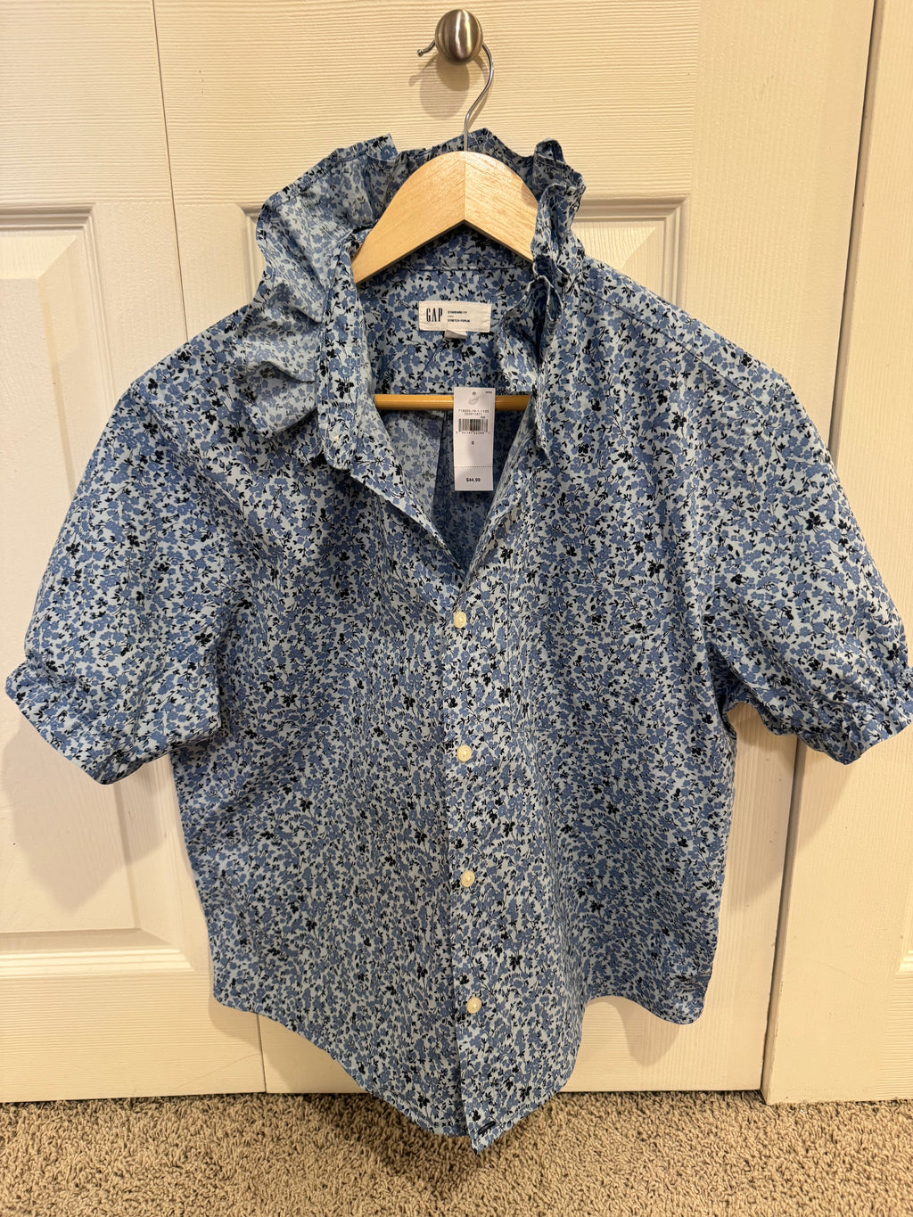 Marlow - Gap Brand New Mens Ruffle Collar Shirt - Short Sleeve -Blue Floral - Medium