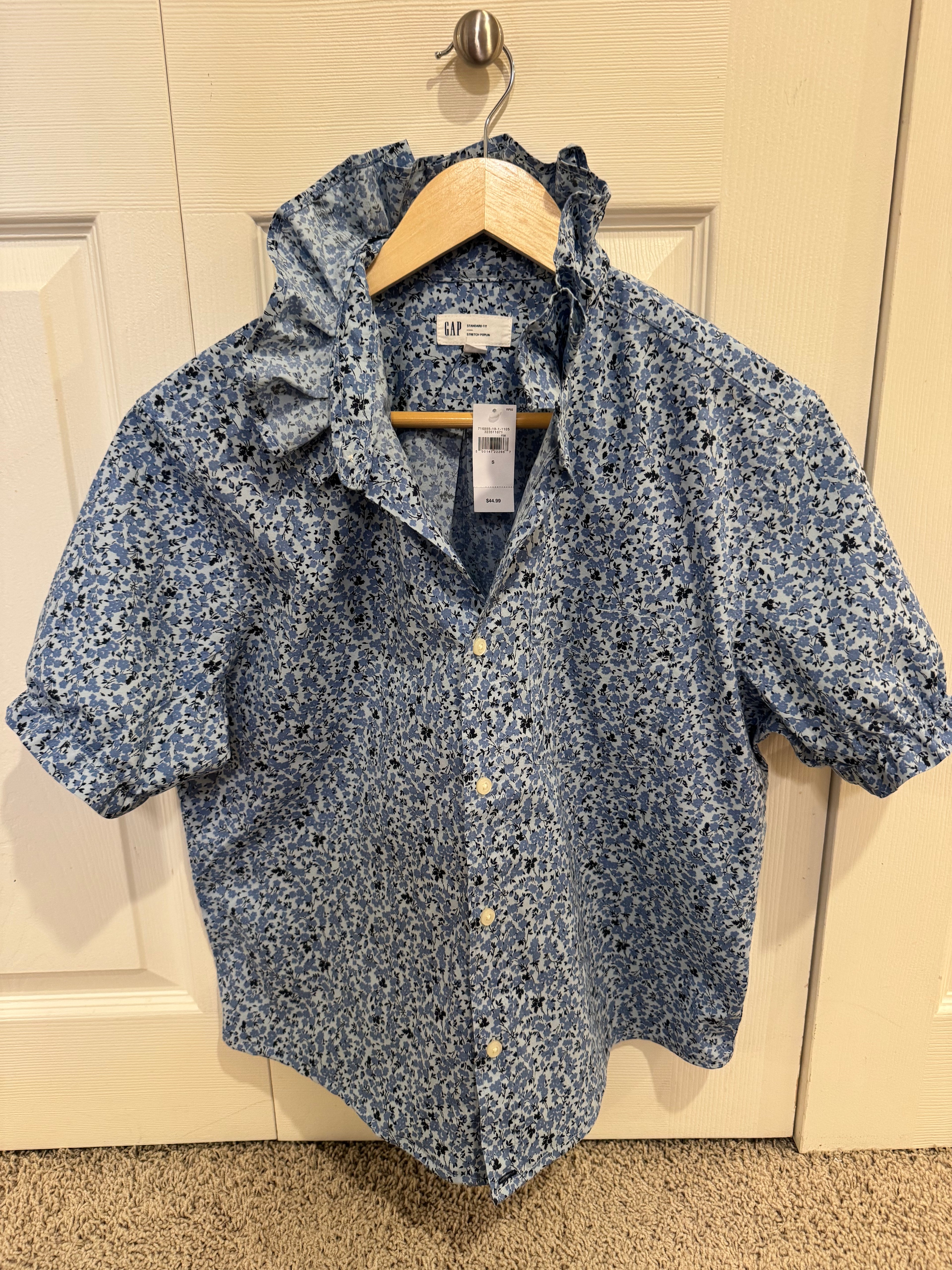 Marlow - Gap Brand New Mens Ruffle Collar Shirt - Short Sleeve -Blue Floral - Medium