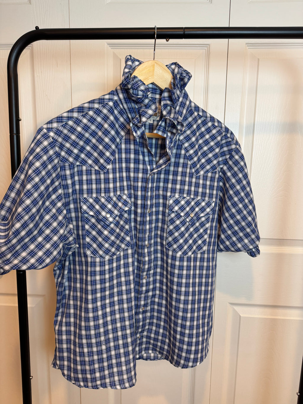 Joss - ELY Upcycled Mens Ruffle Collar Short Sleeve Shirt - Blue plaid - Size XL