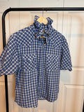 Joss - ELY Upcycled Mens Ruffle Collar Short Sleeve Shirt - Blue plaid - Size XL
