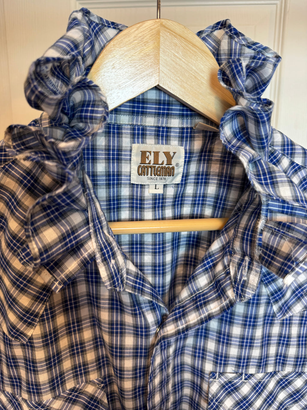 Joss - ELY Upcycled Mens Ruffle Collar Short Sleeve Shirt - Blue plaid - Size XL