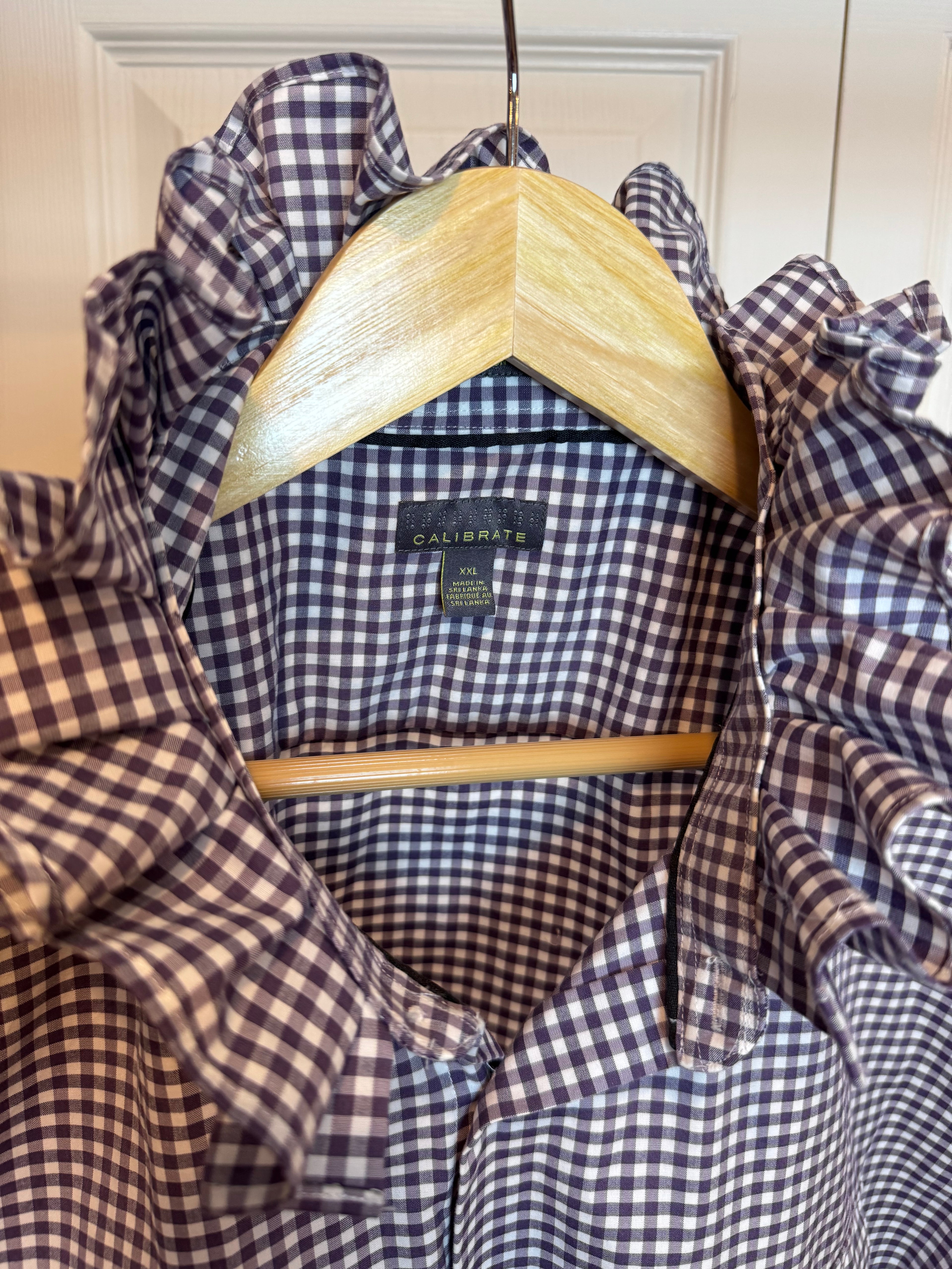 Joanna - Upcycled Mens Ruffle Collar Short Sleeve Shirt - eggplant gingham - Size XXL