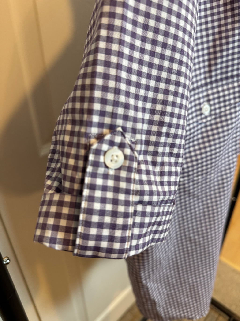 Joanna - Upcycled Mens Ruffle Collar Short Sleeve Shirt - eggplant gingham - Size XXL
