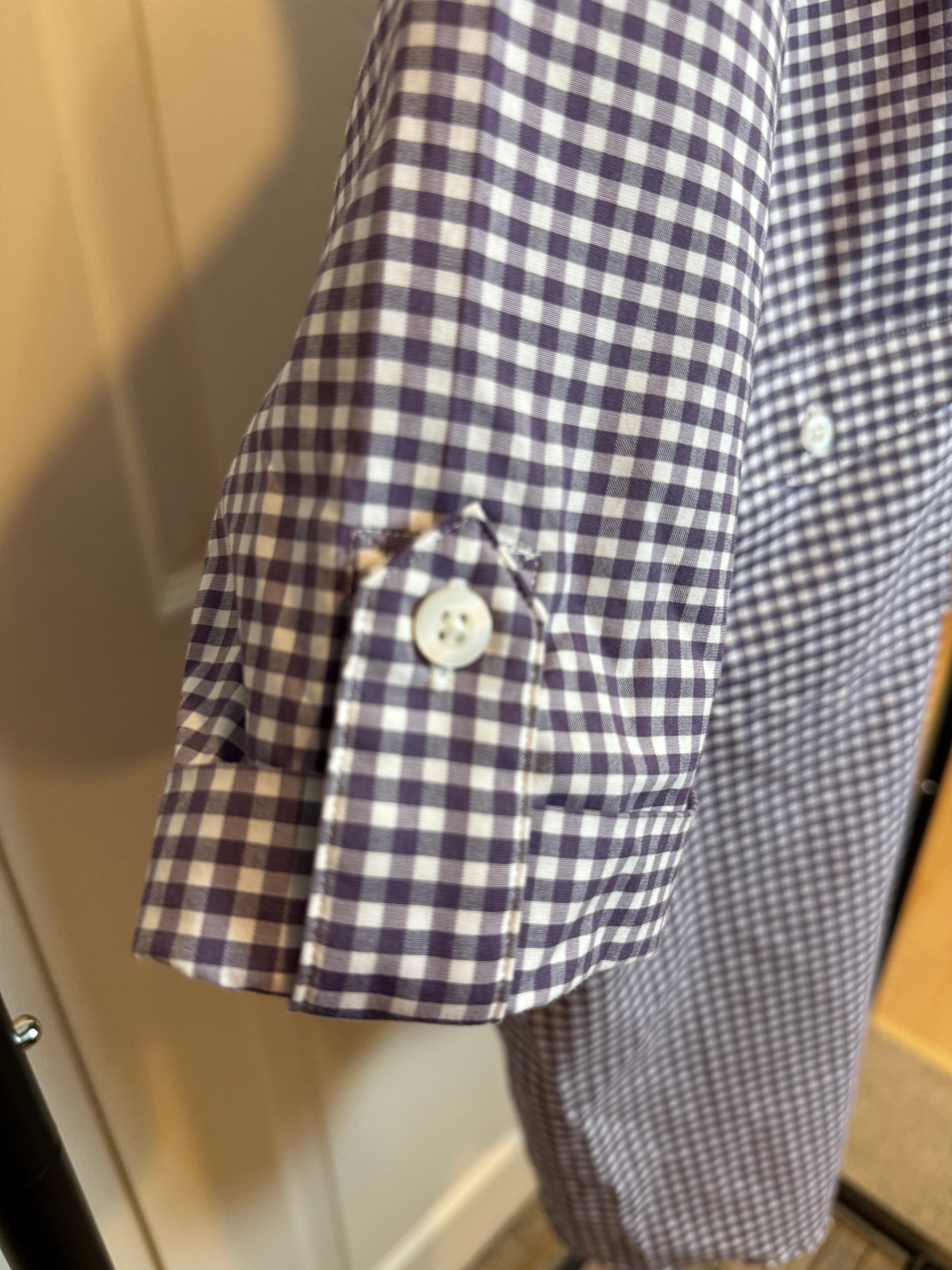 Joanna - Upcycled Mens Ruffle Collar Short Sleeve Shirt - eggplant gingham - Size XXL