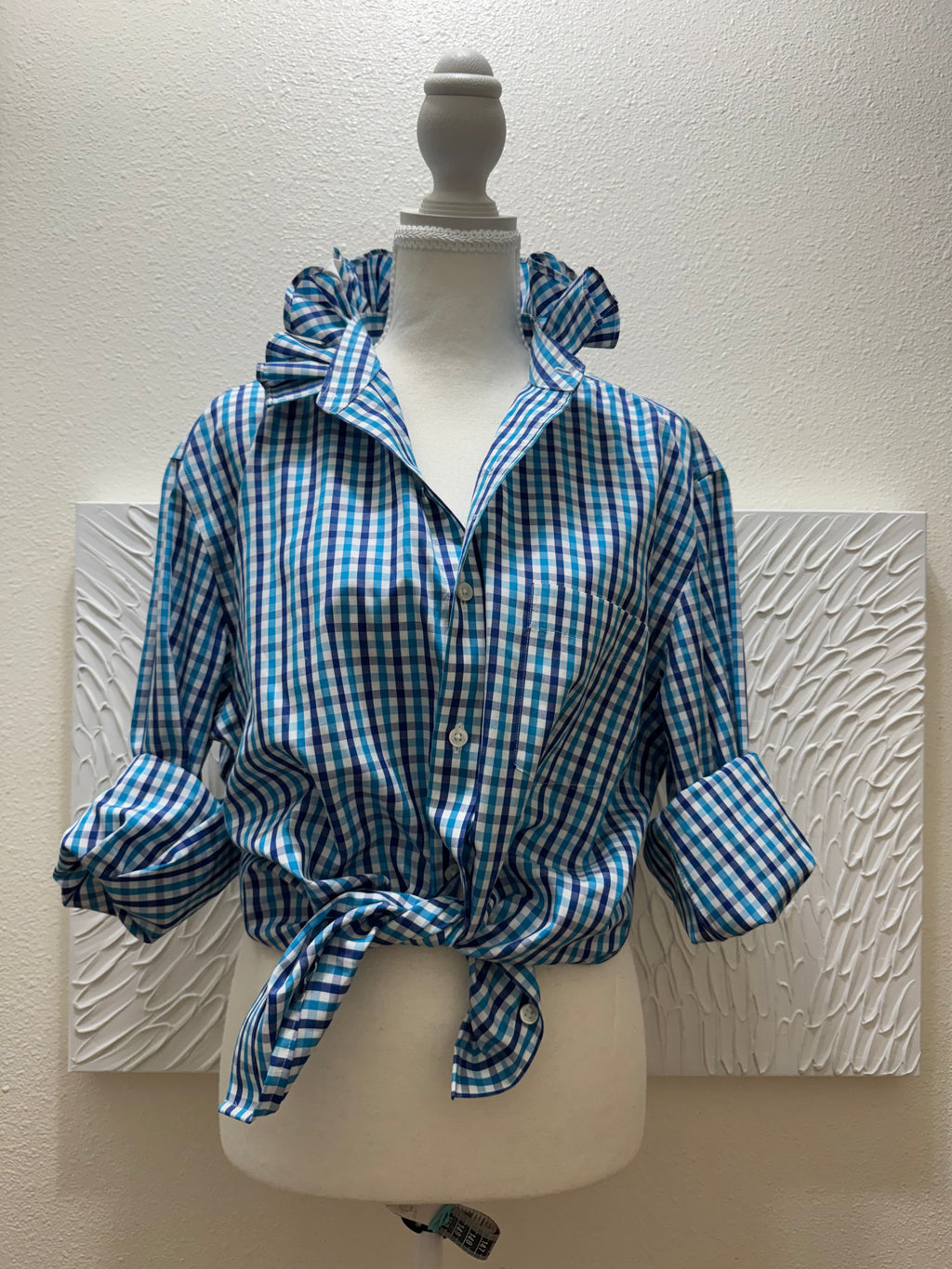 Kate - JCrew Upcycled Mens Ruffle Collar Shirt -Turquoise and navy gingham - Size Medium