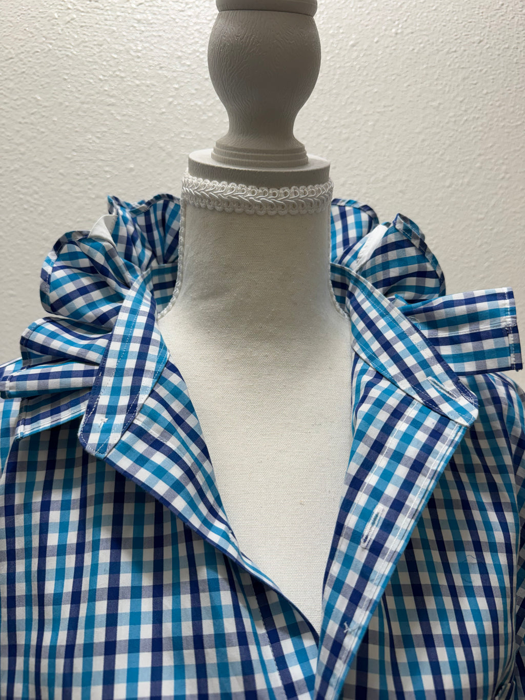 Kate - JCrew Upcycled Mens Ruffle Collar Shirt -Turquoise and navy gingham - Size Medium