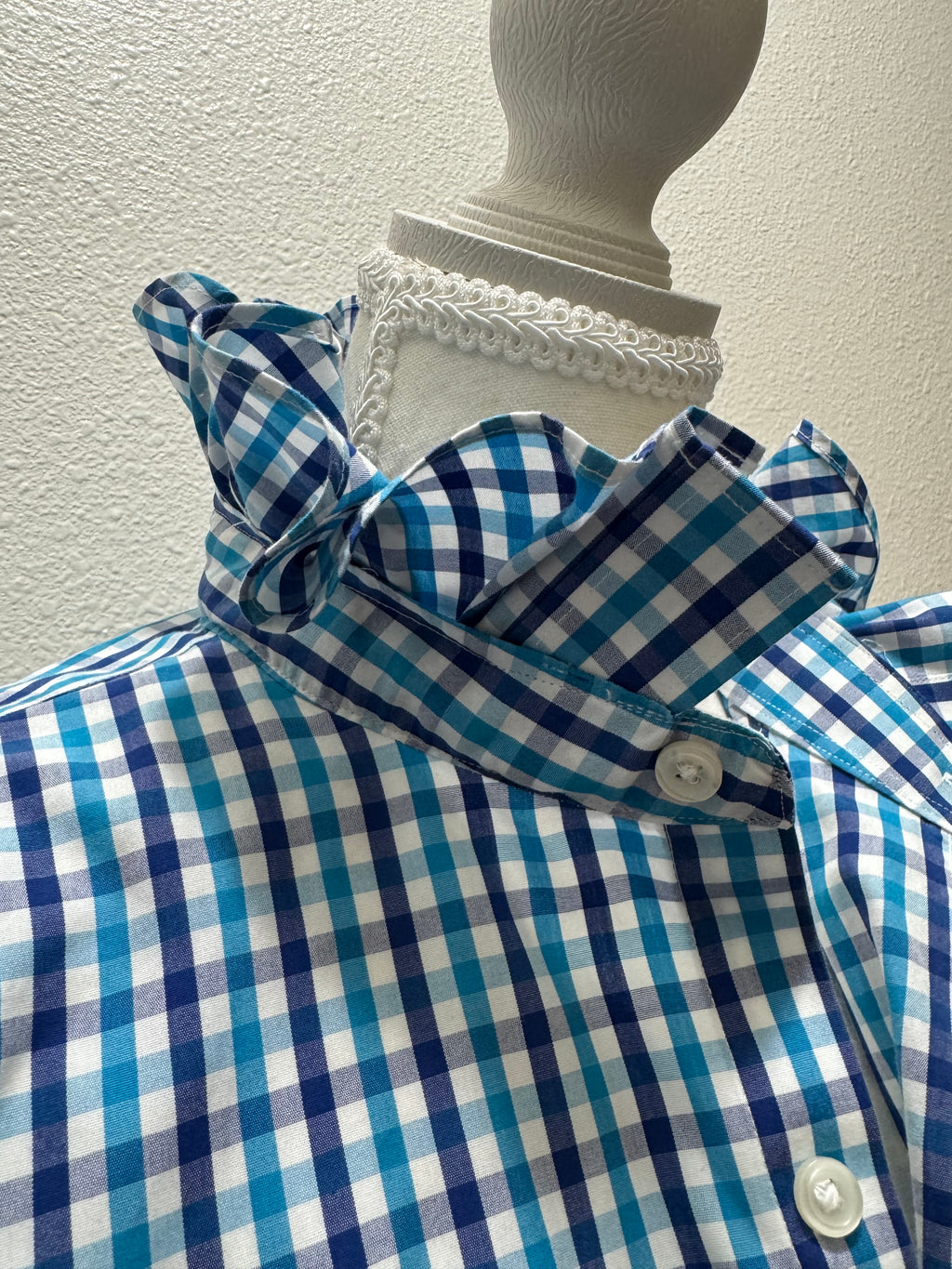 Kate - JCrew Upcycled Mens Ruffle Collar Shirt -Turquoise and navy gingham - Size Medium