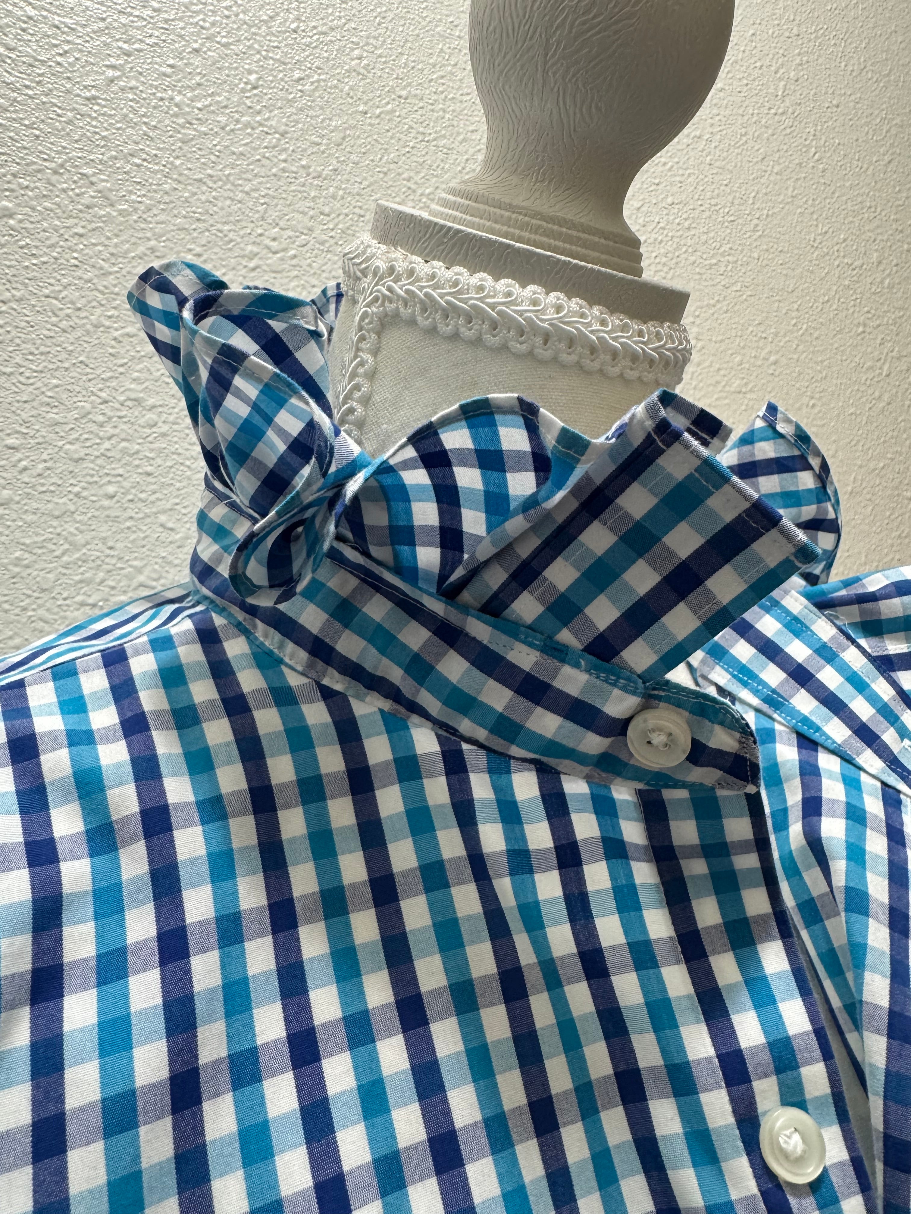 Kate - JCrew Upcycled Mens Ruffle Collar Shirt -Turquoise and navy gingham - Size Medium