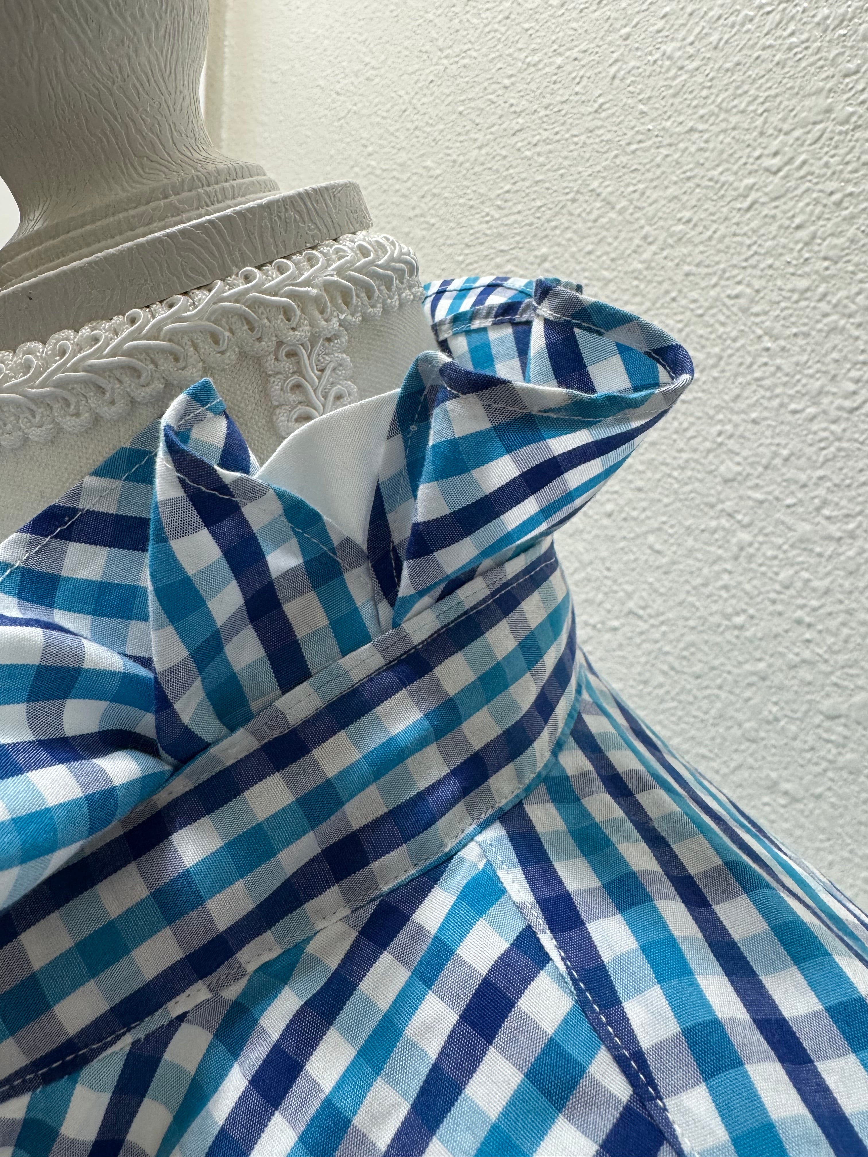 Kate - JCrew Upcycled Mens Ruffle Collar Shirt -Turquoise and navy gingham - Size Medium