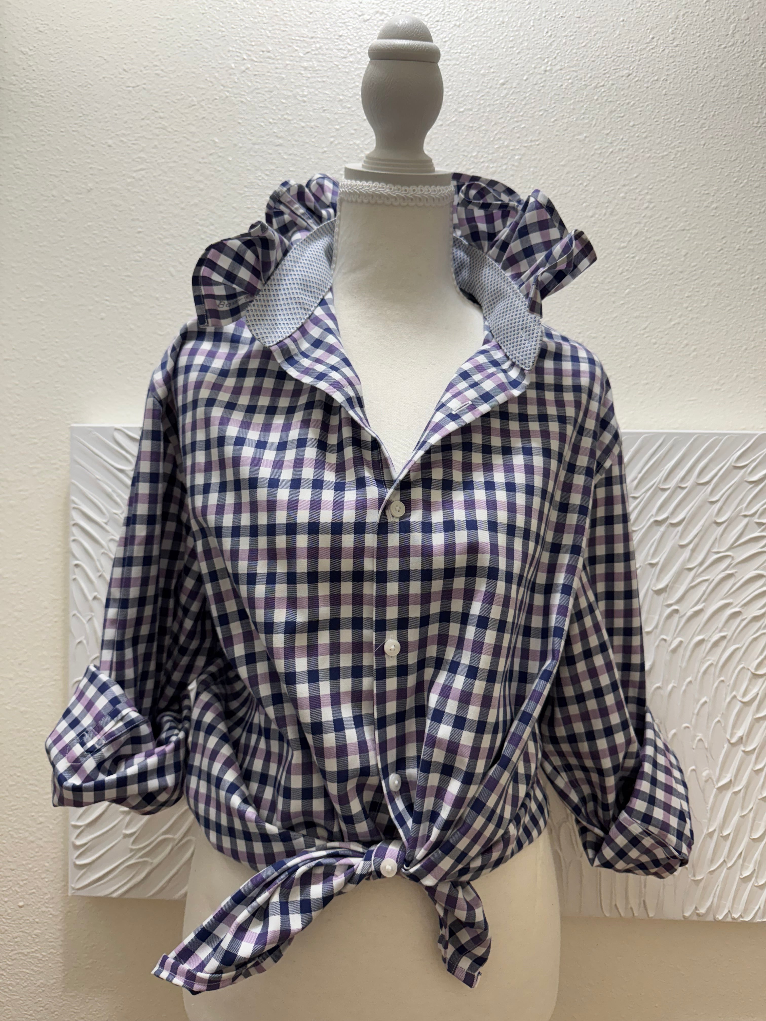 Kora - Tailorbyrd Upcycled Mens Ruffle Collar Shirt - purple and navy plaid - Size L/XL