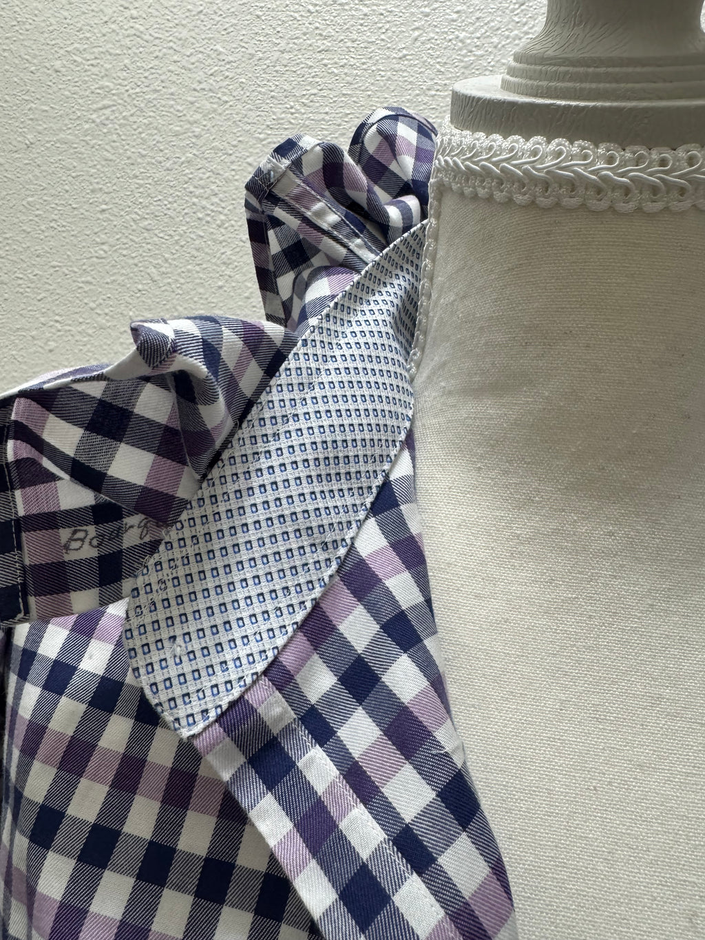 Kora - Tailorbyrd Upcycled Mens Ruffle Collar Shirt - purple and navy plaid - Size L/XL