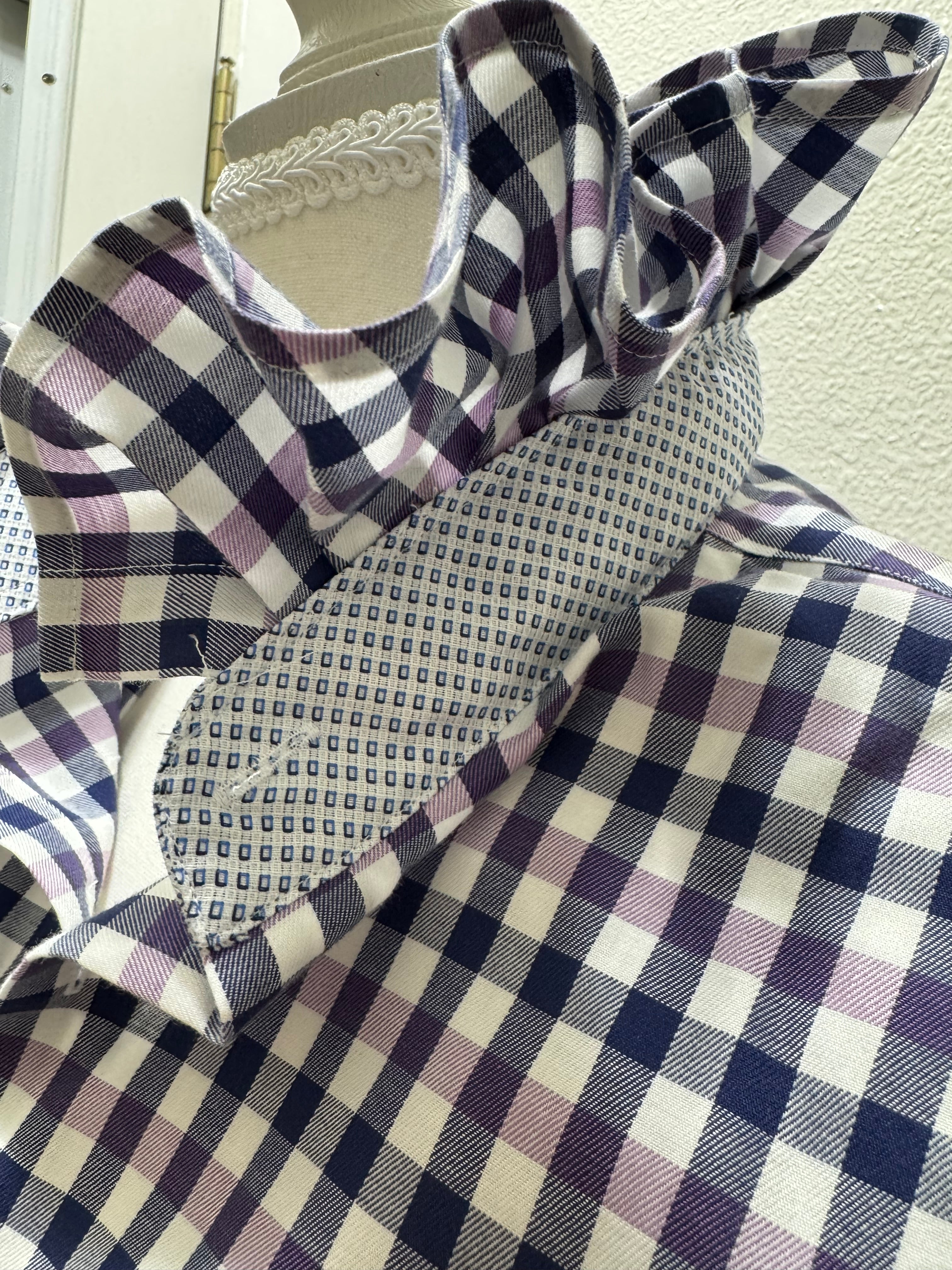 Kora - Tailorbyrd Upcycled Mens Ruffle Collar Shirt - purple and navy plaid - Size L/XL