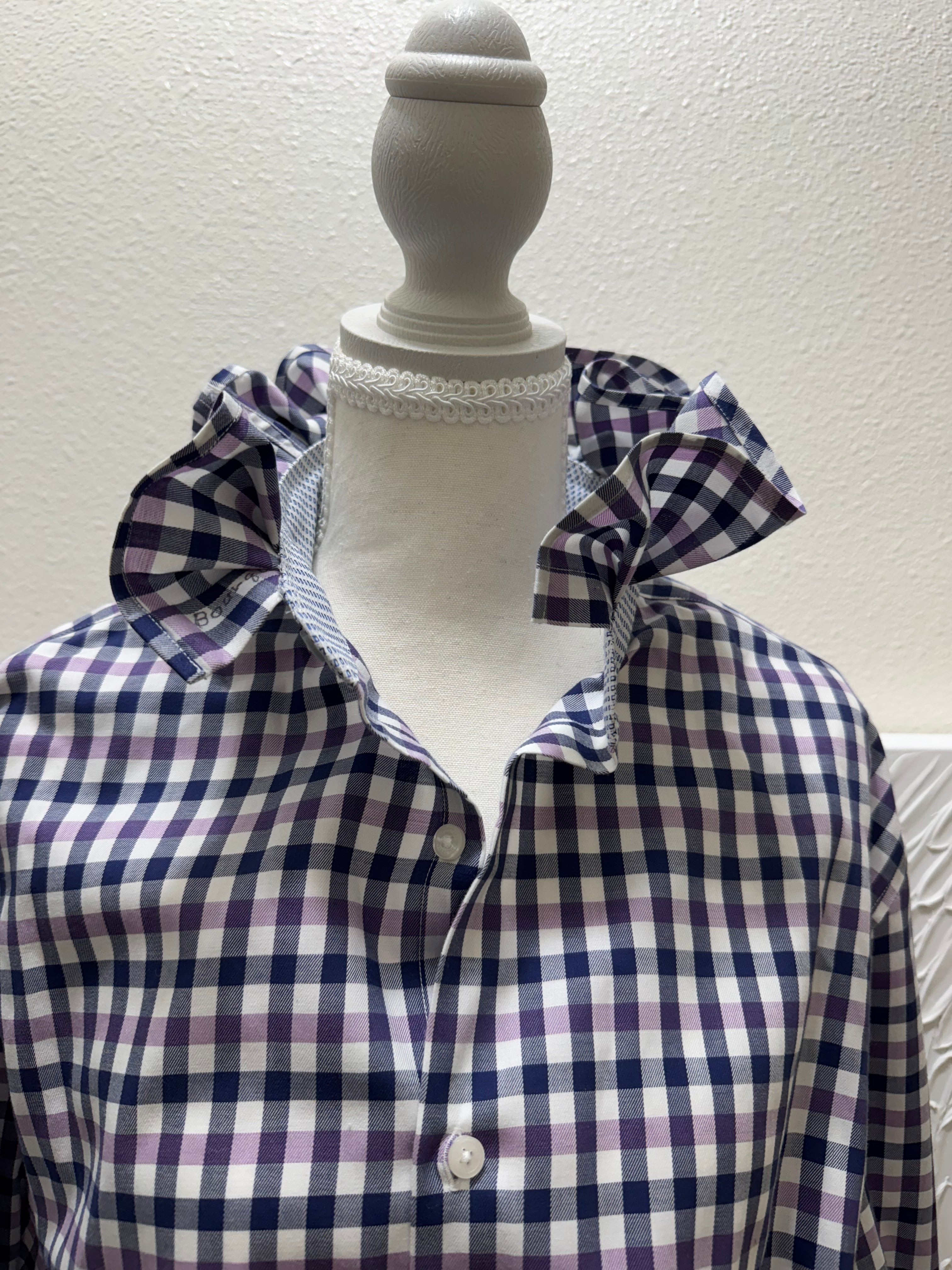 Kora - Tailorbyrd Upcycled Mens Ruffle Collar Shirt - purple and navy plaid - Size L/XL