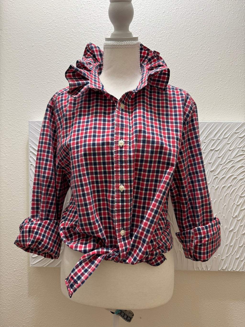Kristie - Gap Upcycled Mens Ruffle Collar Shirt -Red Gingham - Size Medium/Large