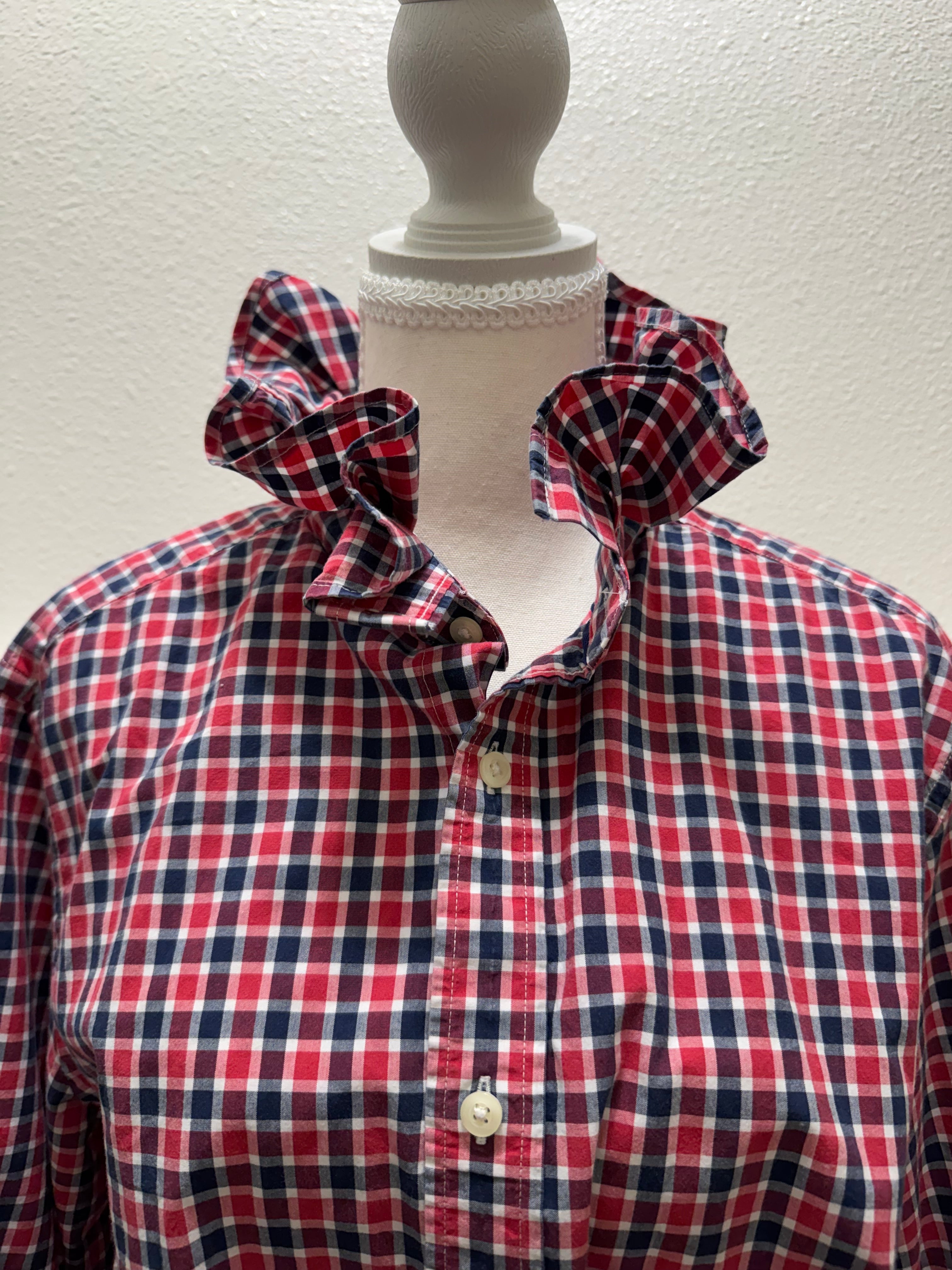 Kristie - Gap Upcycled Mens Ruffle Collar Shirt -Red Gingham - Size Medium/Large