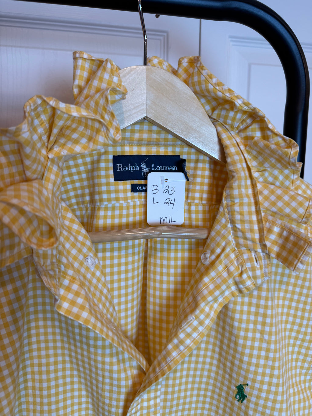 Ralph Lauren - Yellow Gingham Shirt Sleeve Ruffle Collar - Short Sleeve - Medium/Large